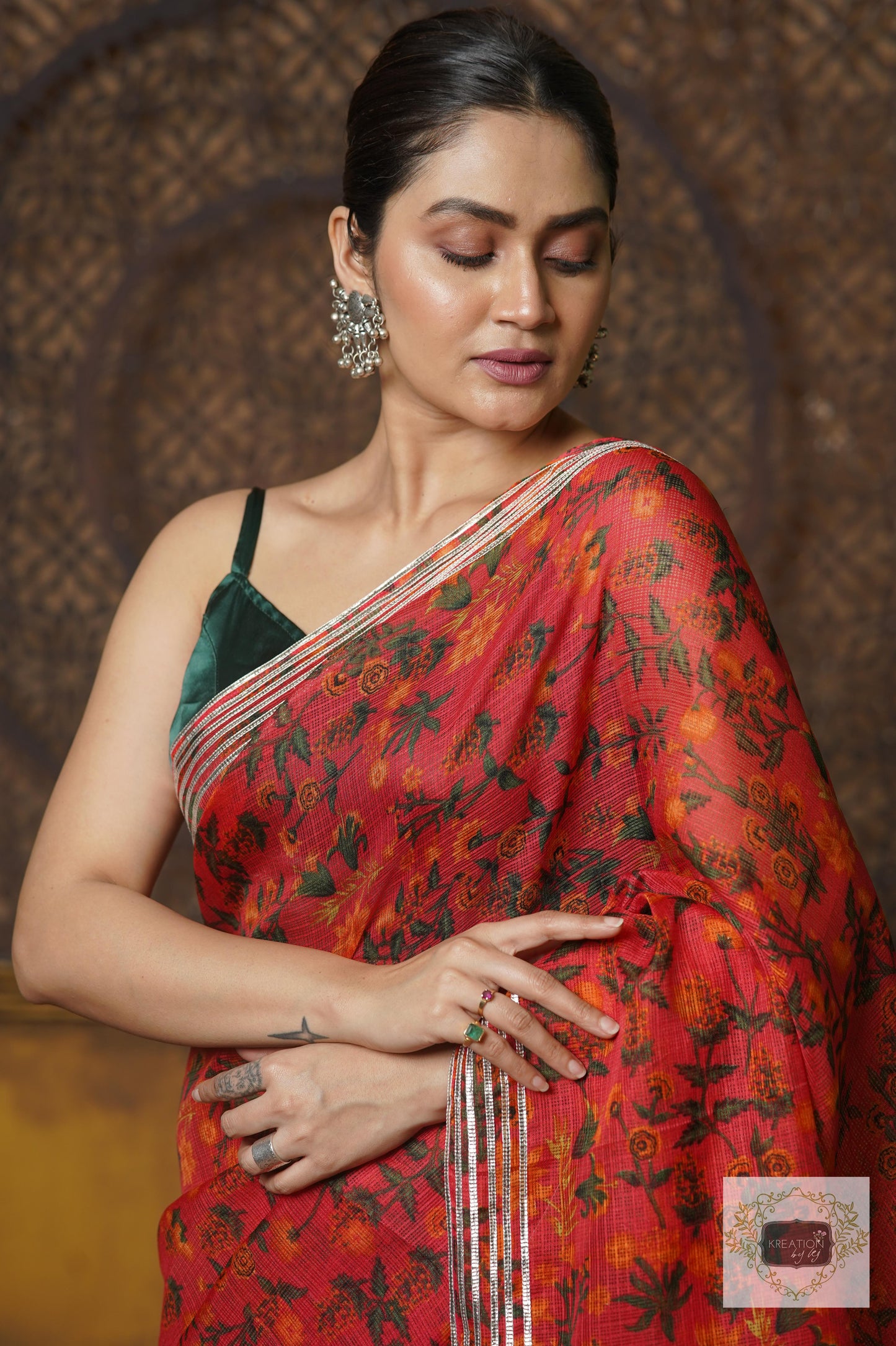 Orange Floral Kota Silver Lining Saree With Gota Border kreationbykj