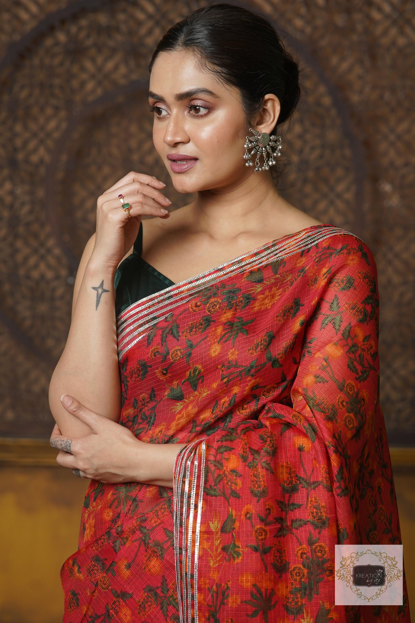 Orange Floral Kota Silver Lining Saree With Gota Border kreationbykj