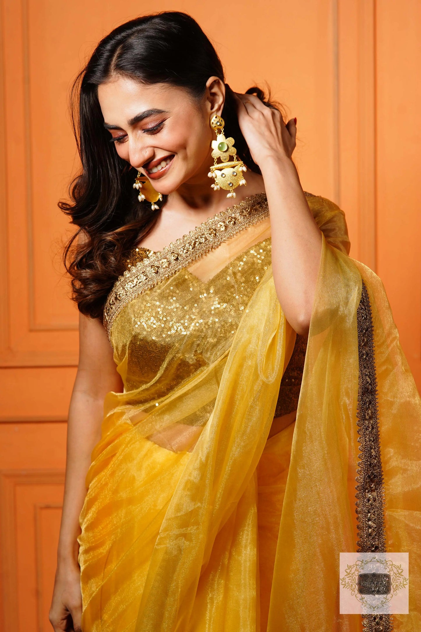 Golden Glass Tissue Saree with Border kreationbykj