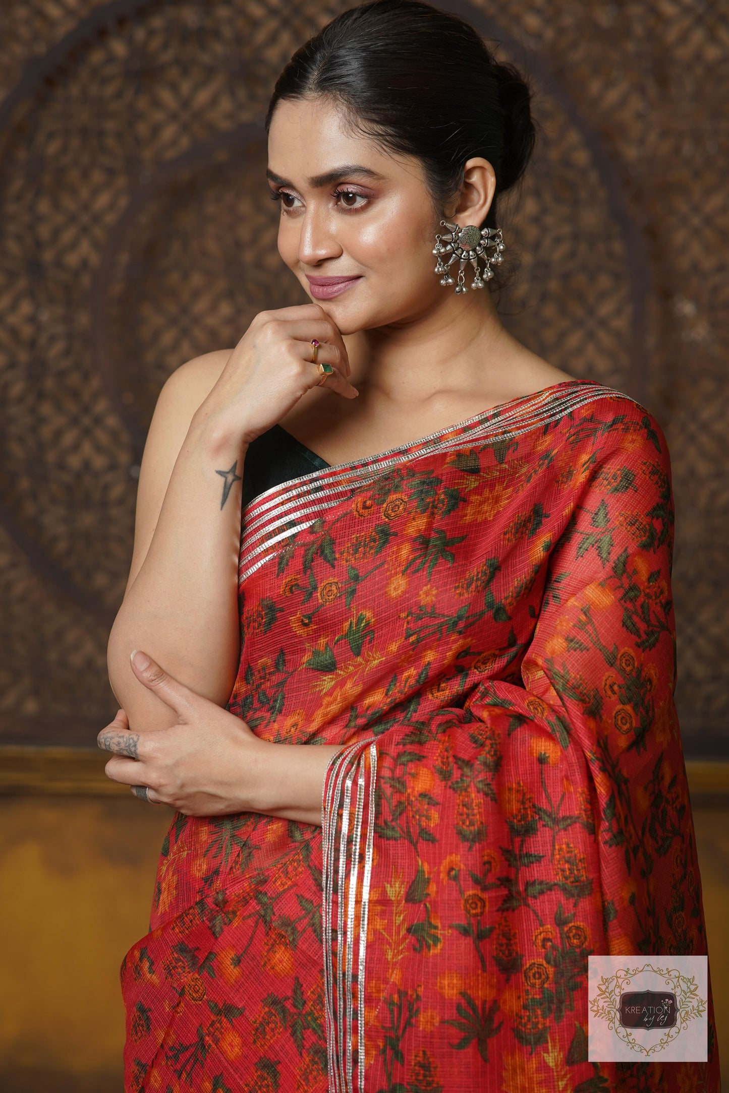 Orange Floral Kota Silver Lining Saree With Gota Border kreationbykj
