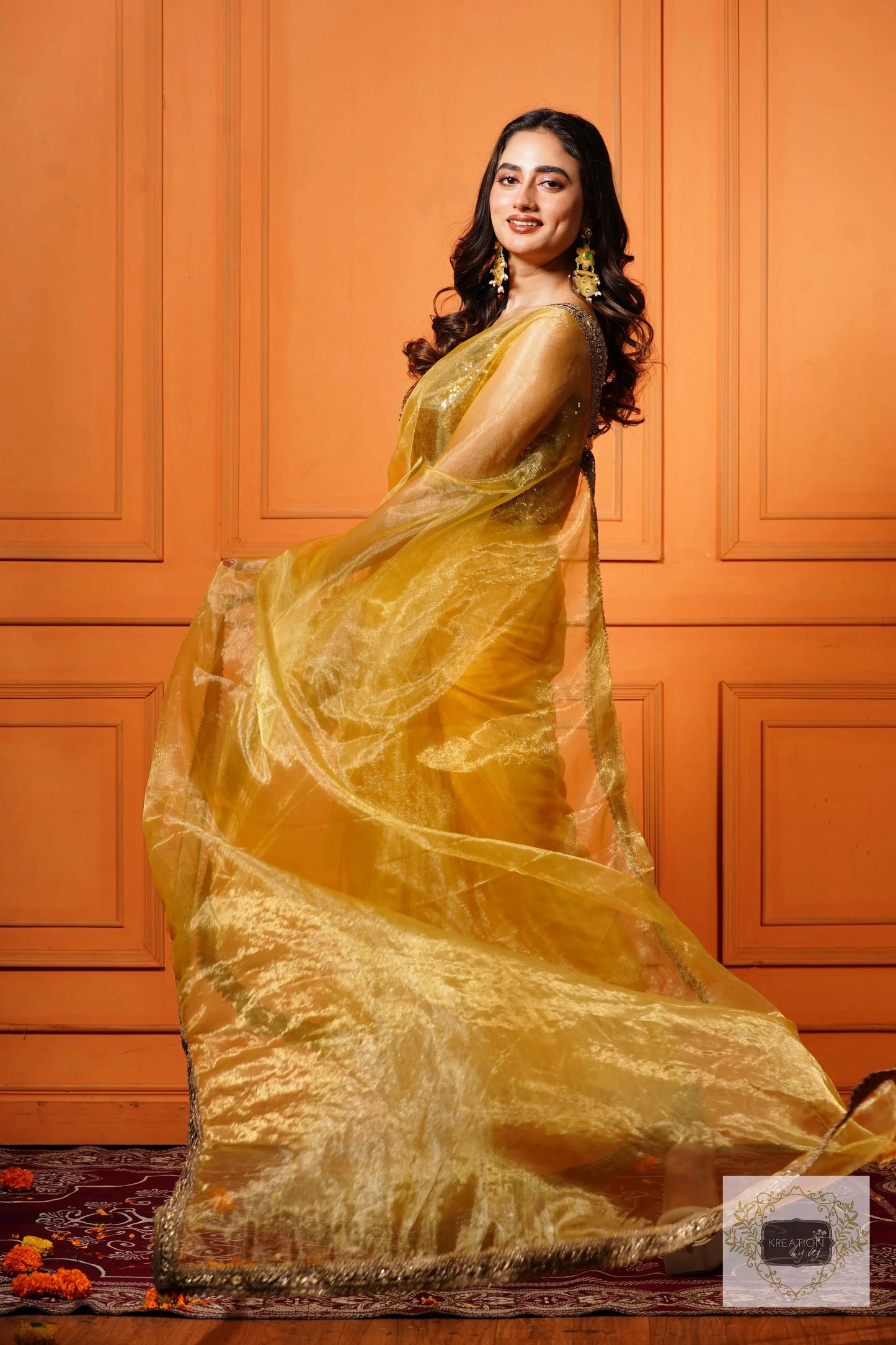Golden Glass Tissue Saree with Border kreationbykj