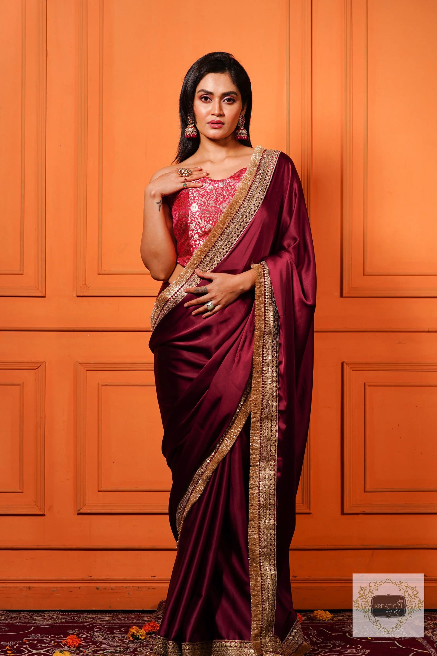 Wine Satin Silk Banno Saree kreationbykj
