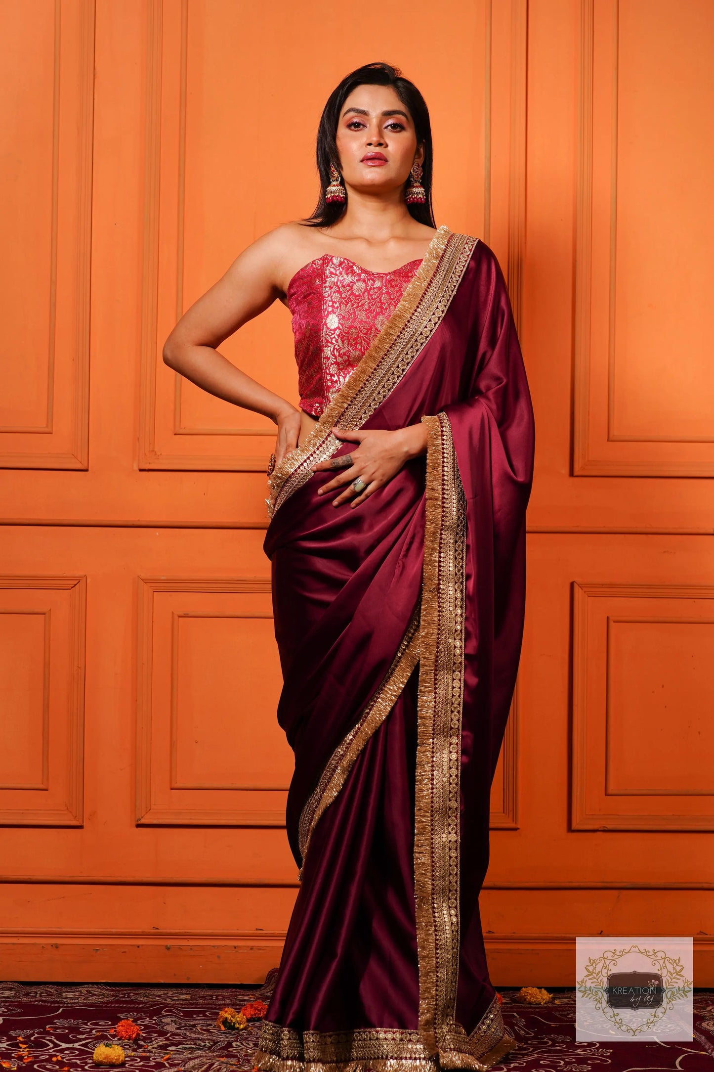 Wine Satin Silk Banno Saree kreationbykj