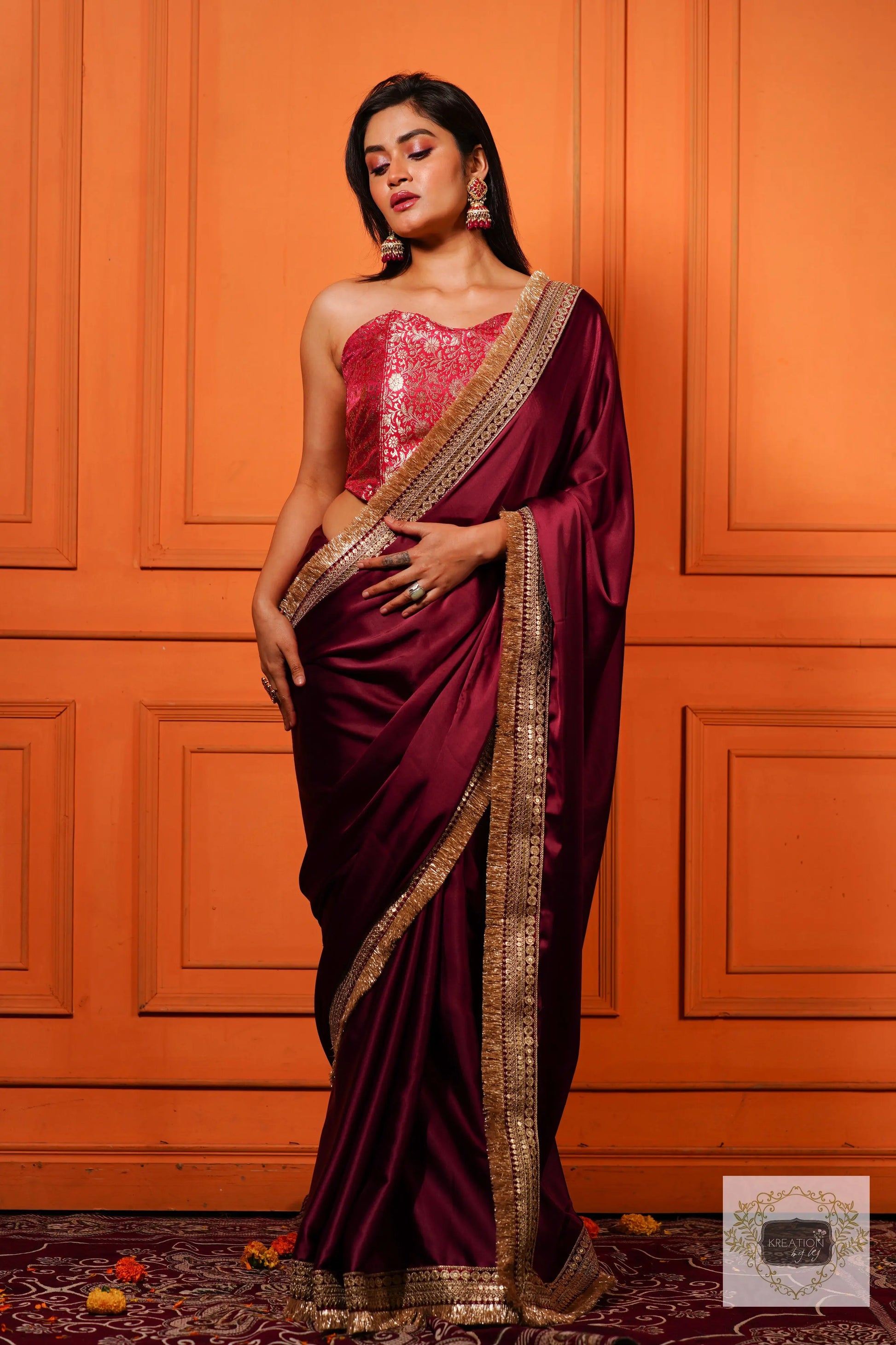 Wine Satin Silk Banno Saree kreationbykj