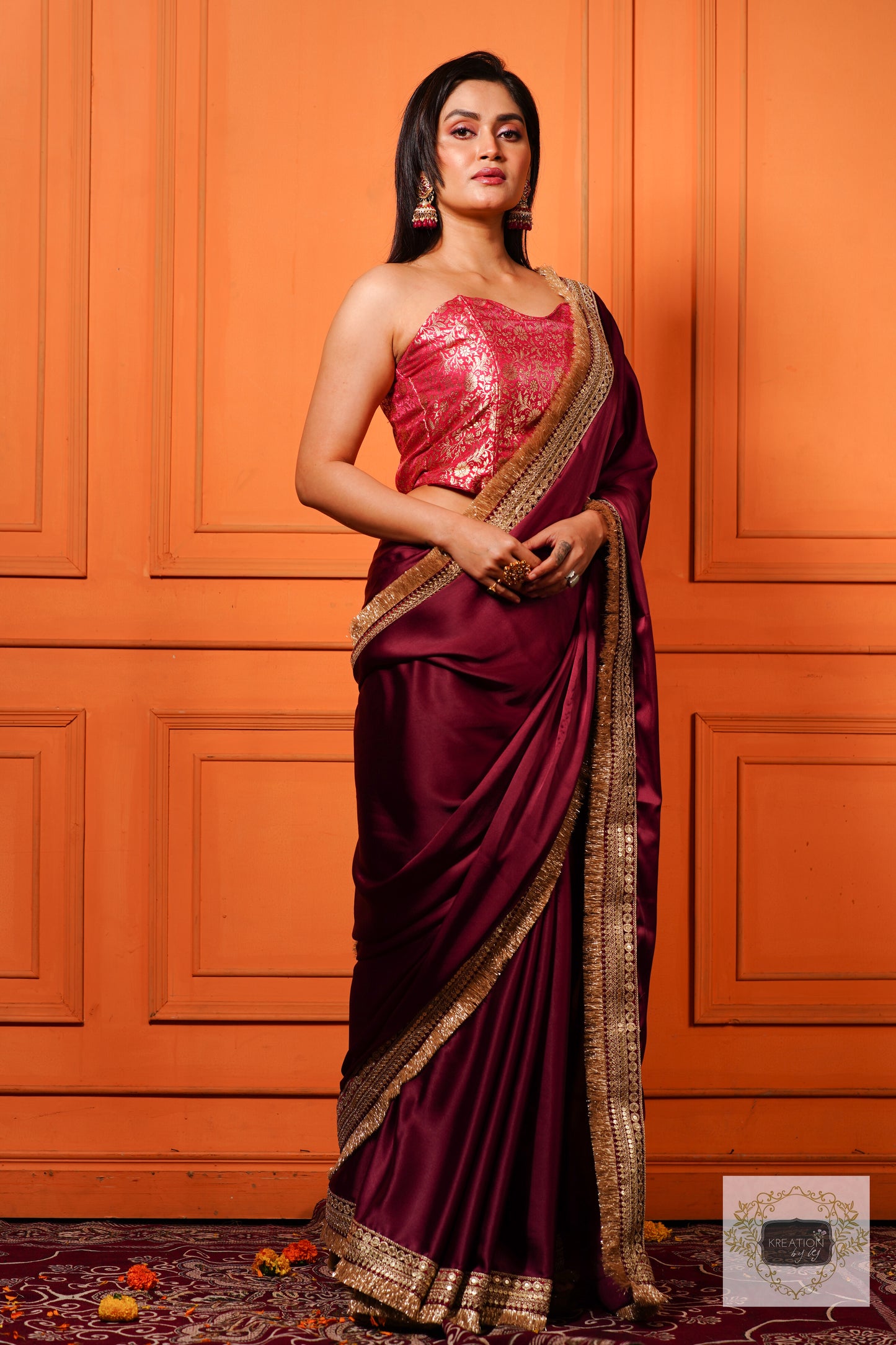 Wine Satin Silk Banno Saree