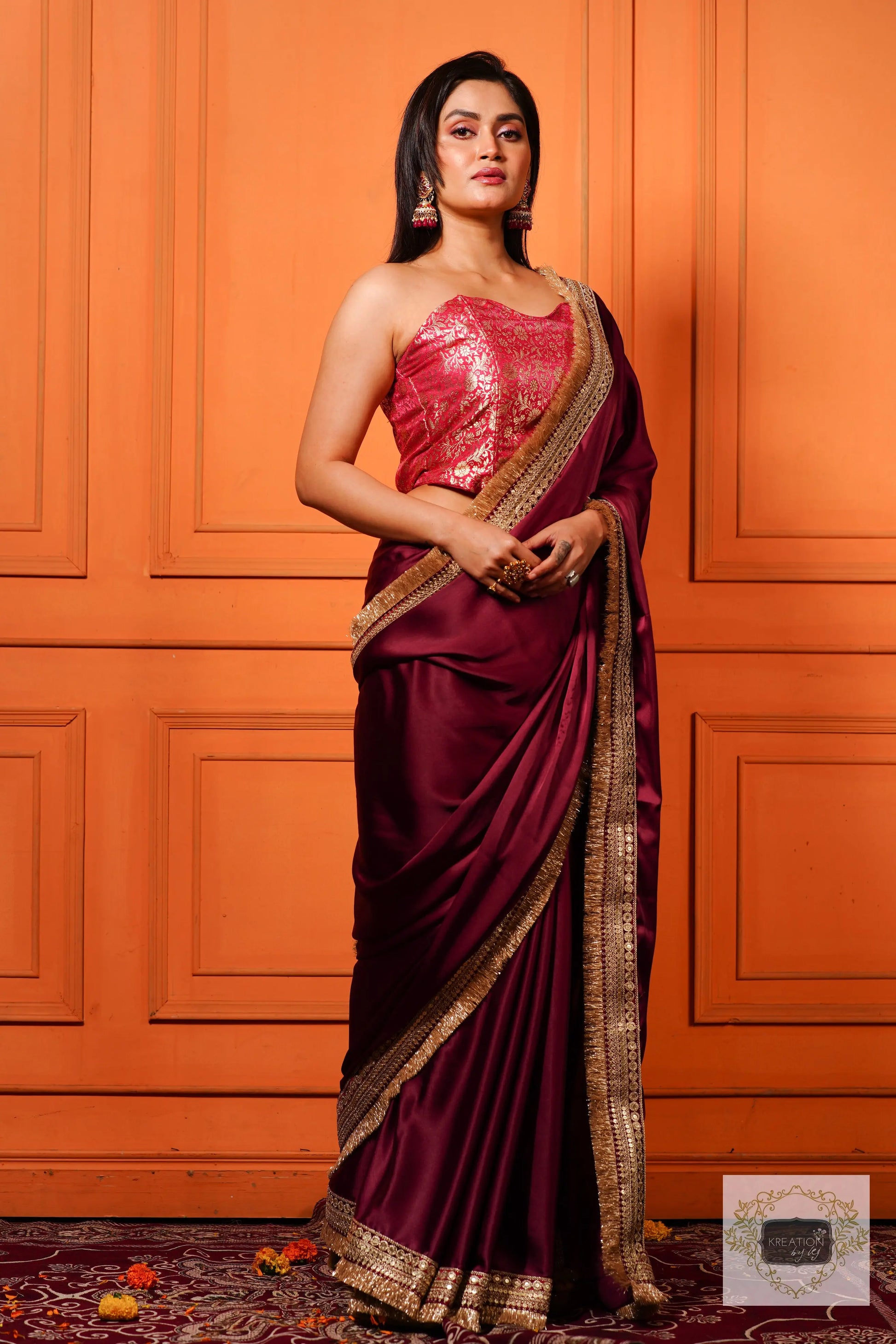 Wine Satin Silk Banno Saree kreationbykj