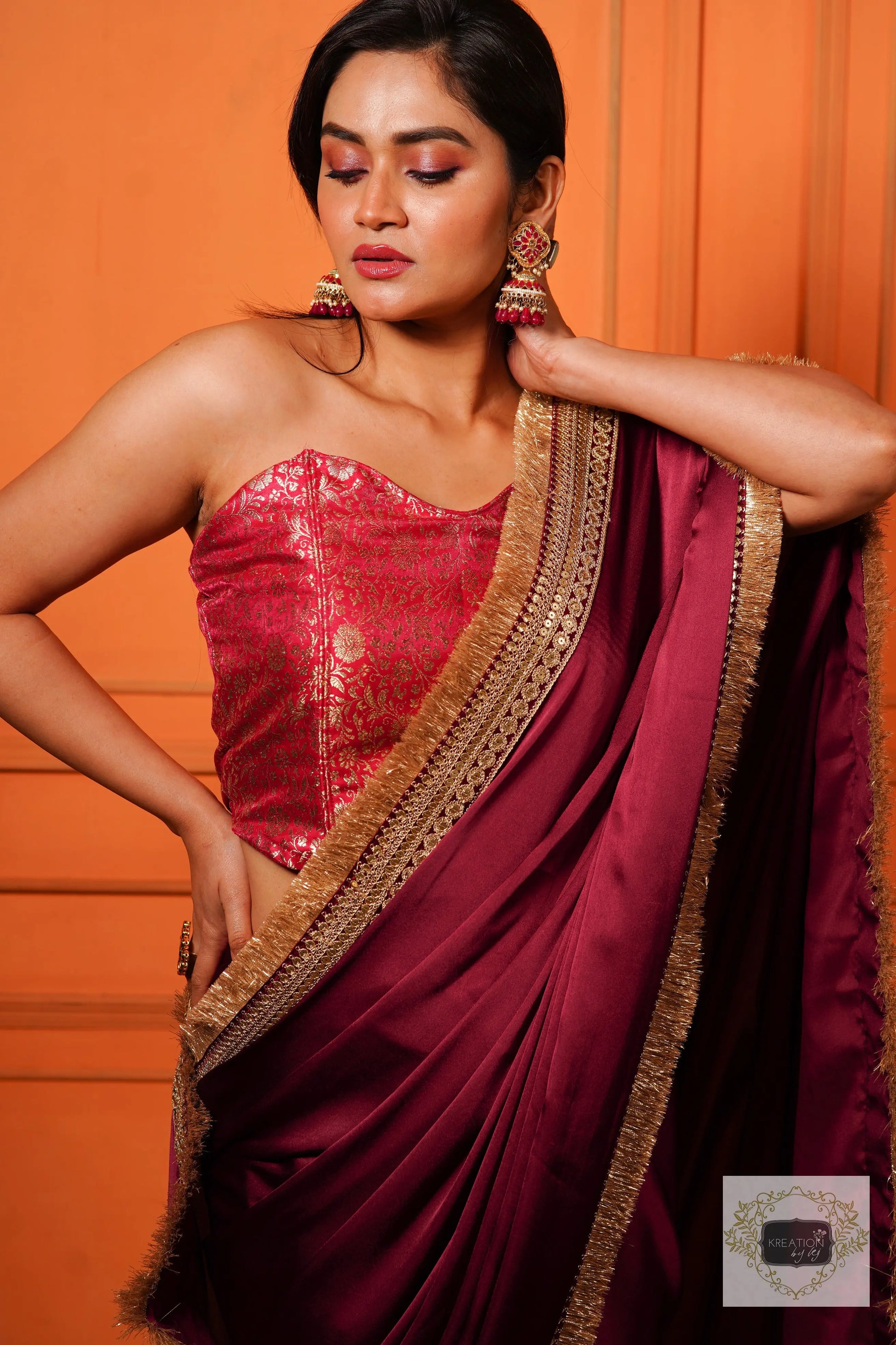 Wine Satin Silk Banno Saree kreationbykj