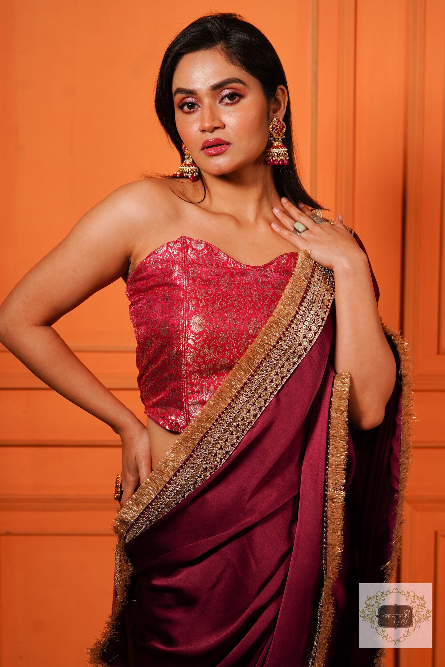 Wine Satin Silk Banno Saree