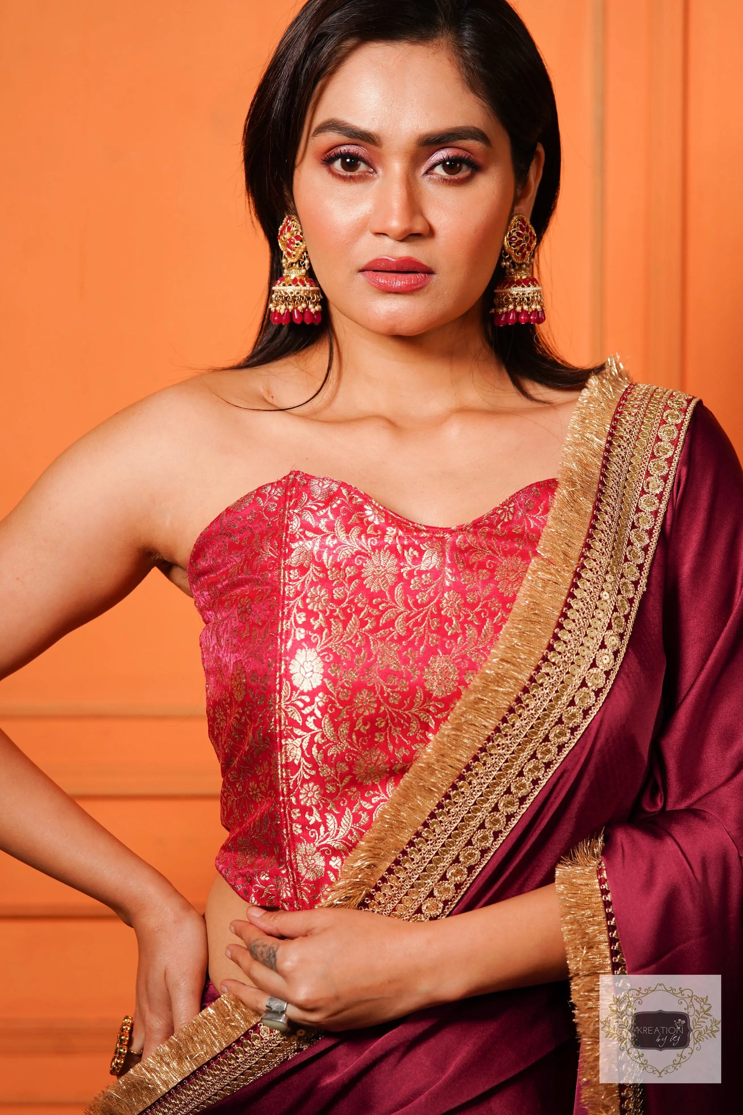 Wine Satin Silk Banno Saree kreationbykj