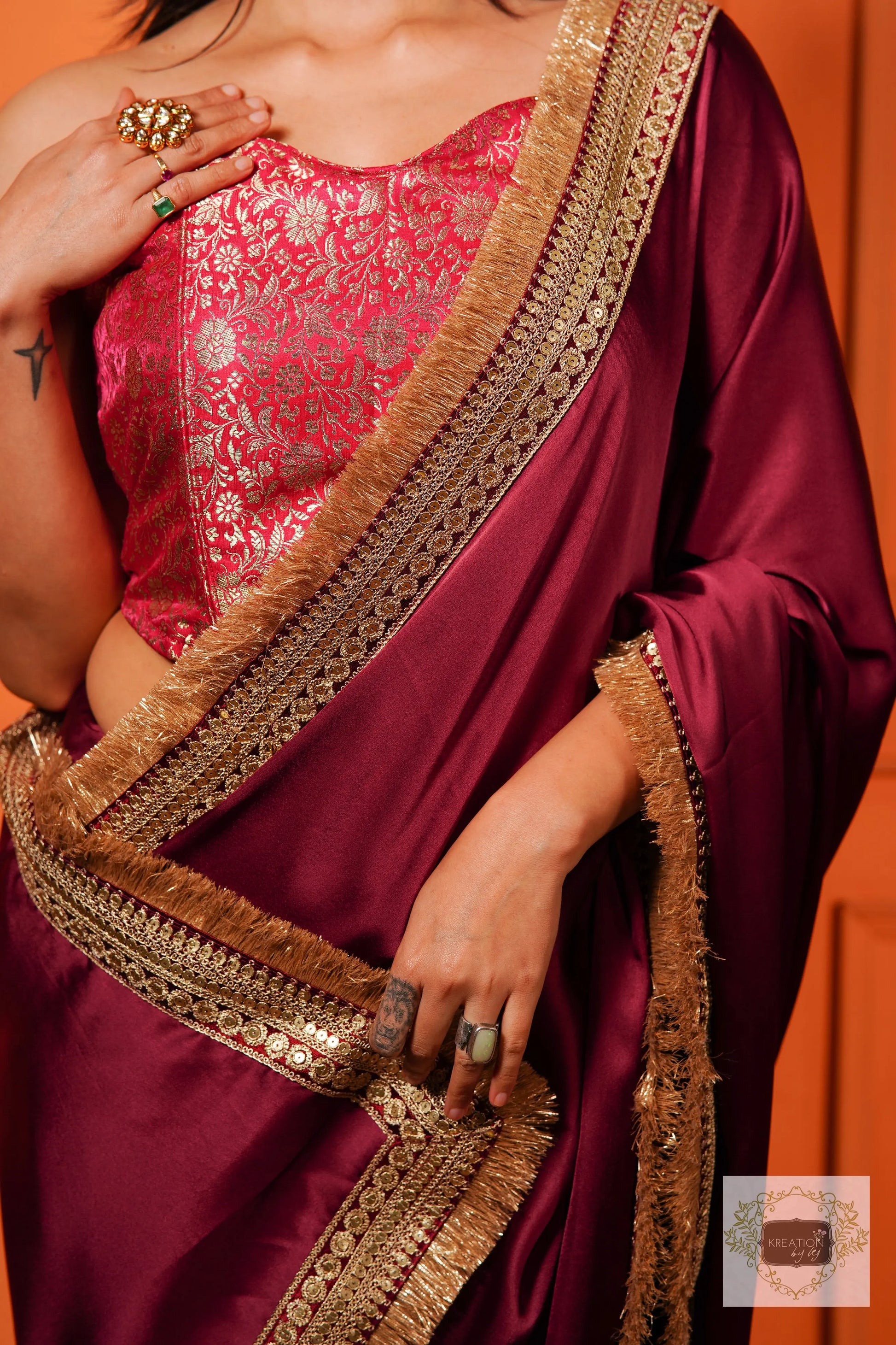 Wine Satin Silk Banno Saree kreationbykj