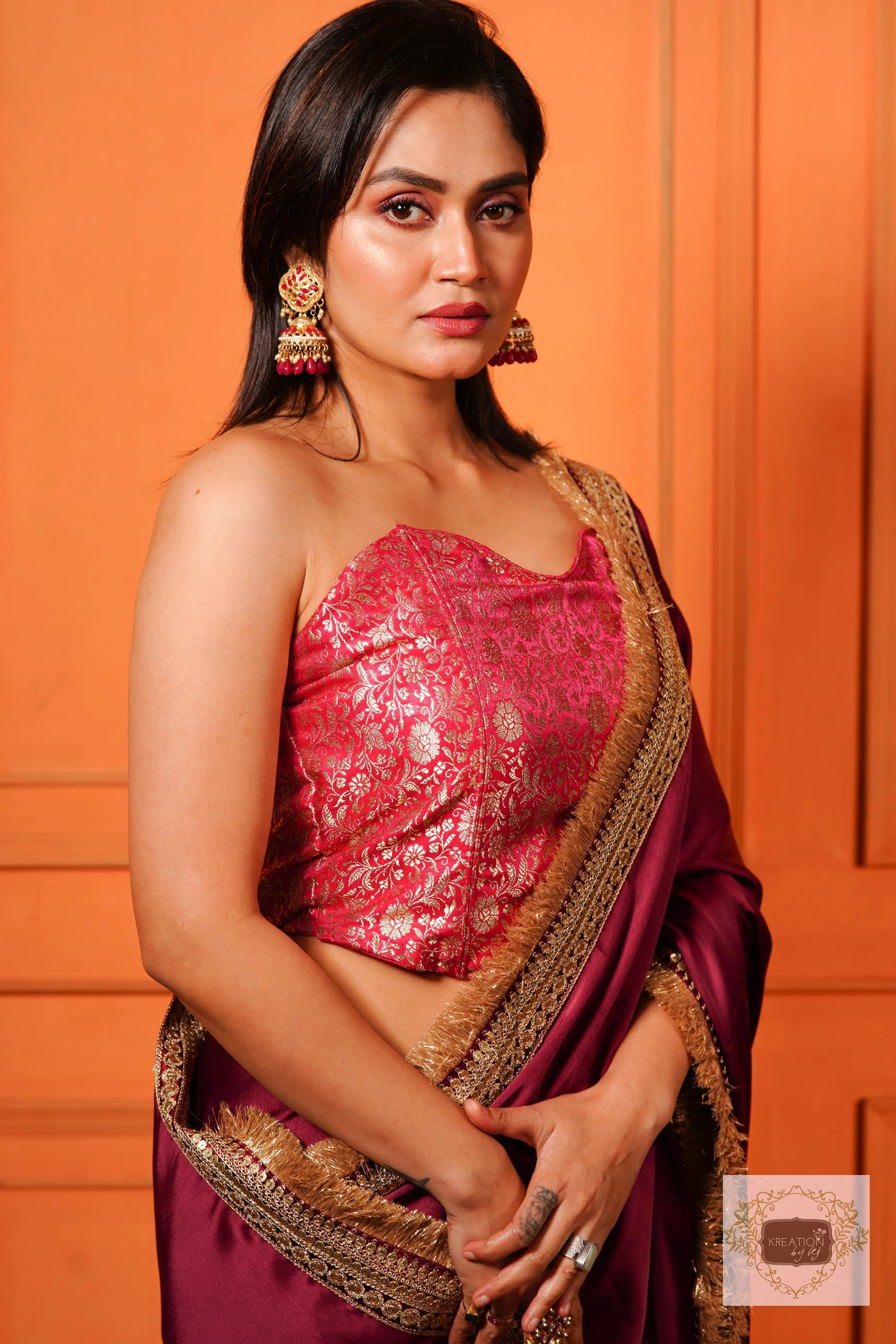 Wine Satin Silk Banno Saree kreationbykj