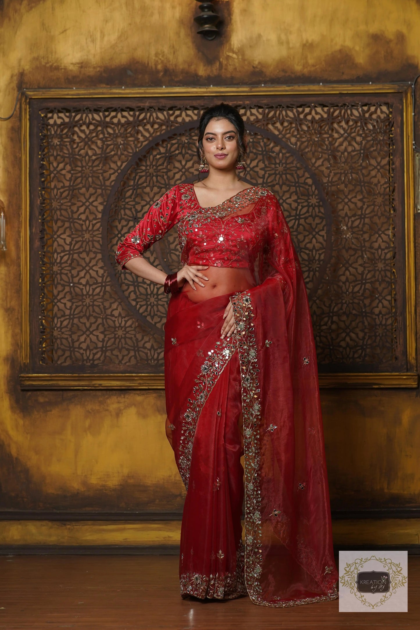 Red Glass Tissue Sheesh Mahal Saree kreationbykj