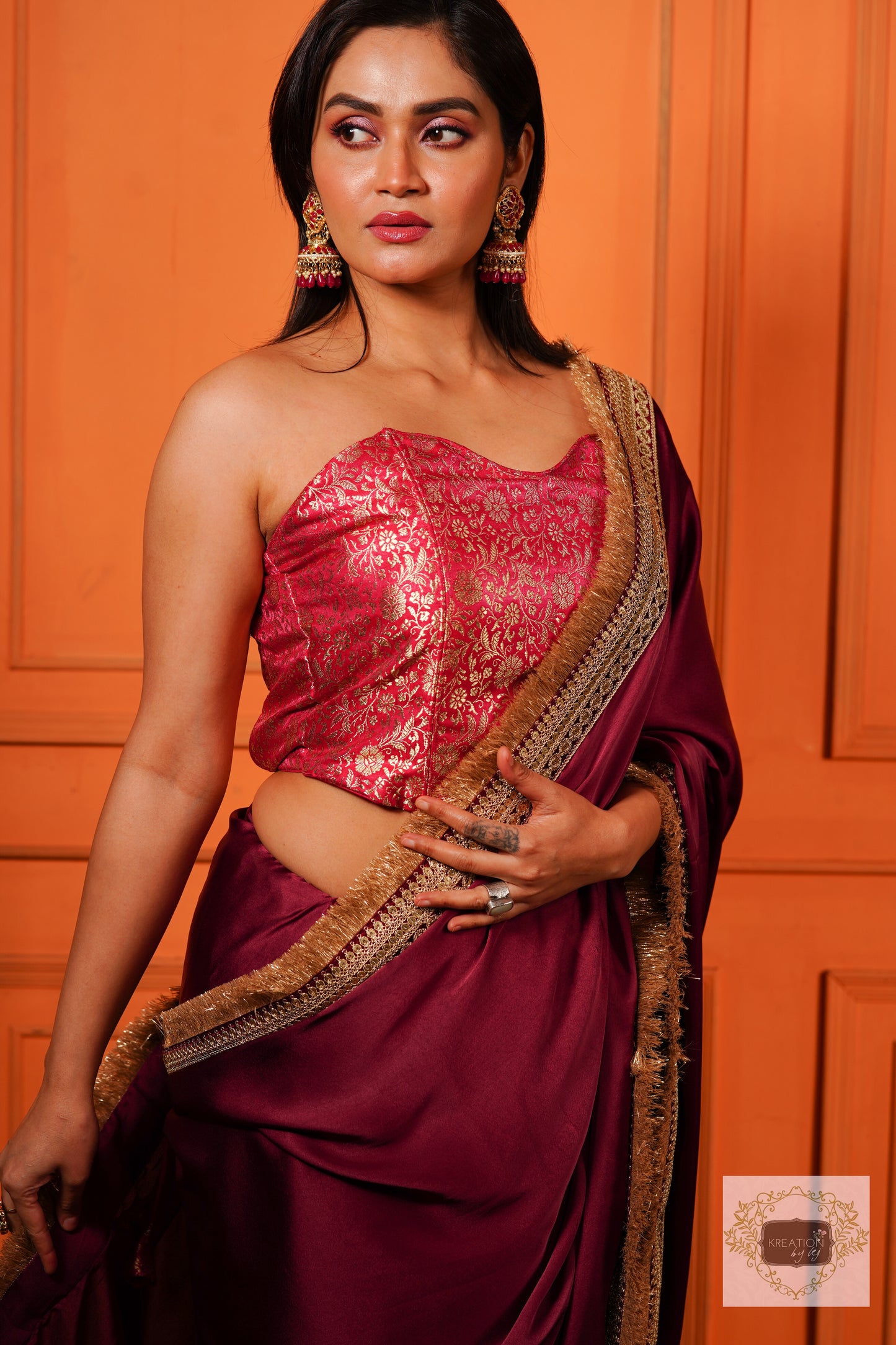 Wine Satin Silk Banno Saree