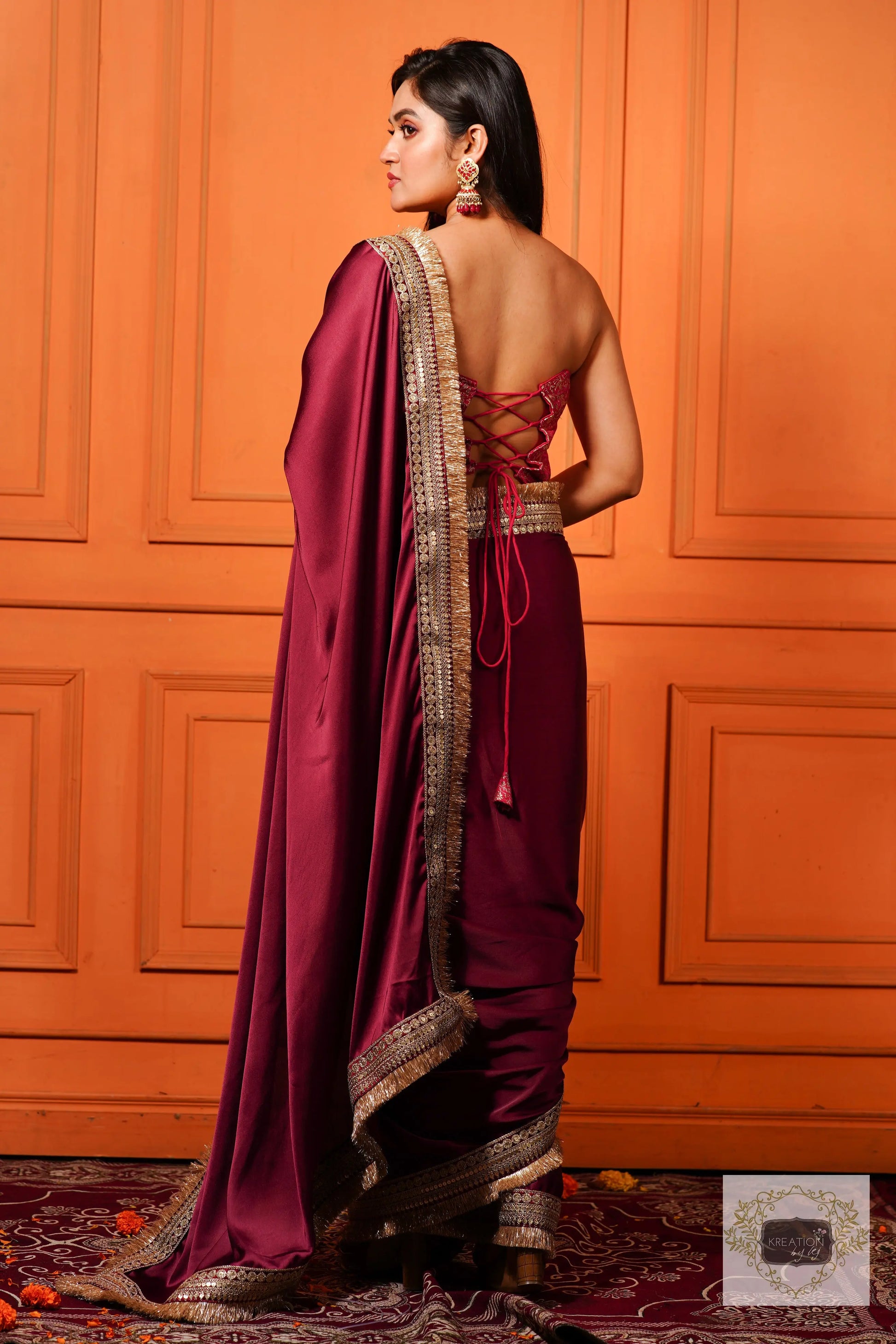 Wine Satin Silk Banno Saree kreationbykj