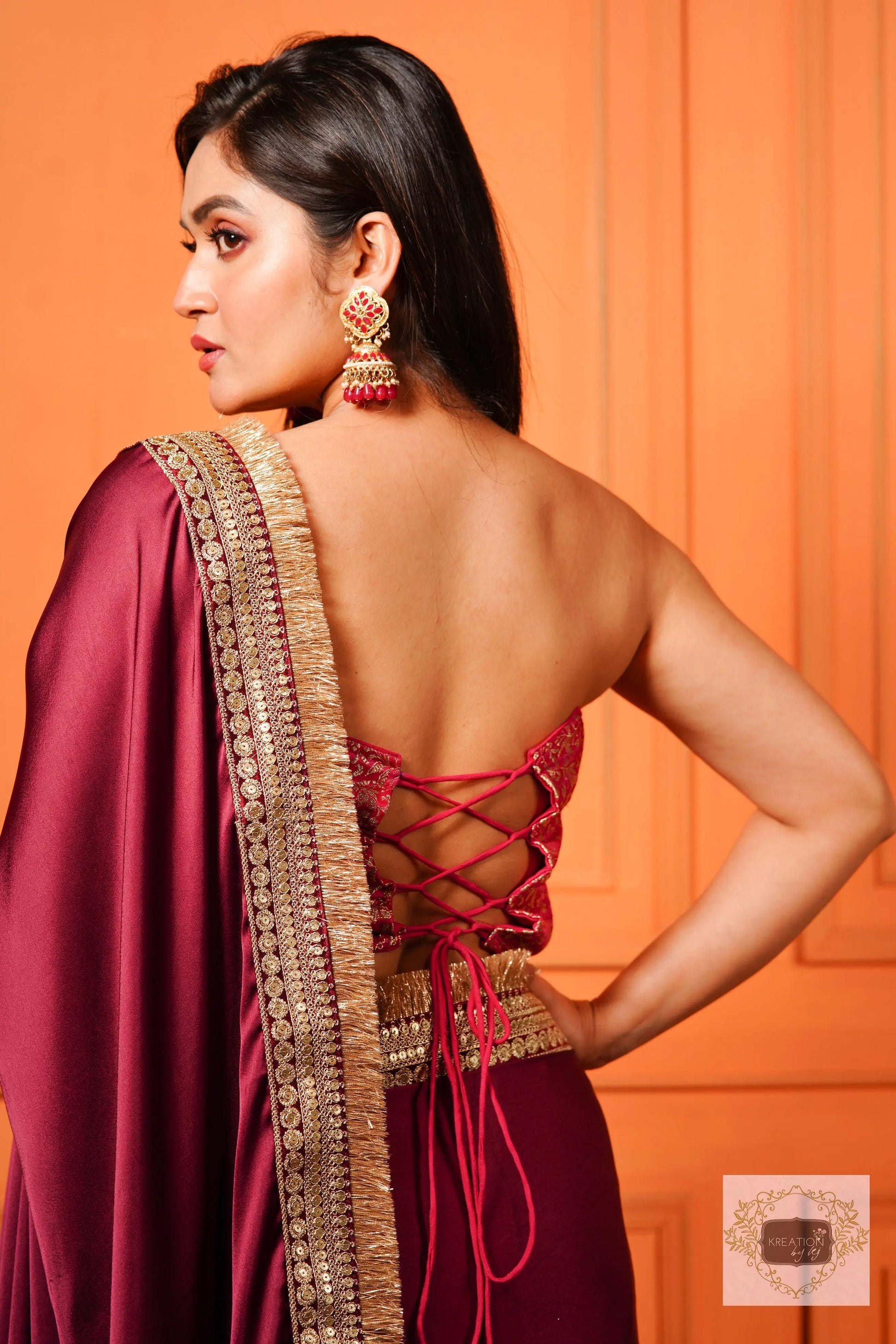 Wine Satin Silk Banno Saree kreationbykj