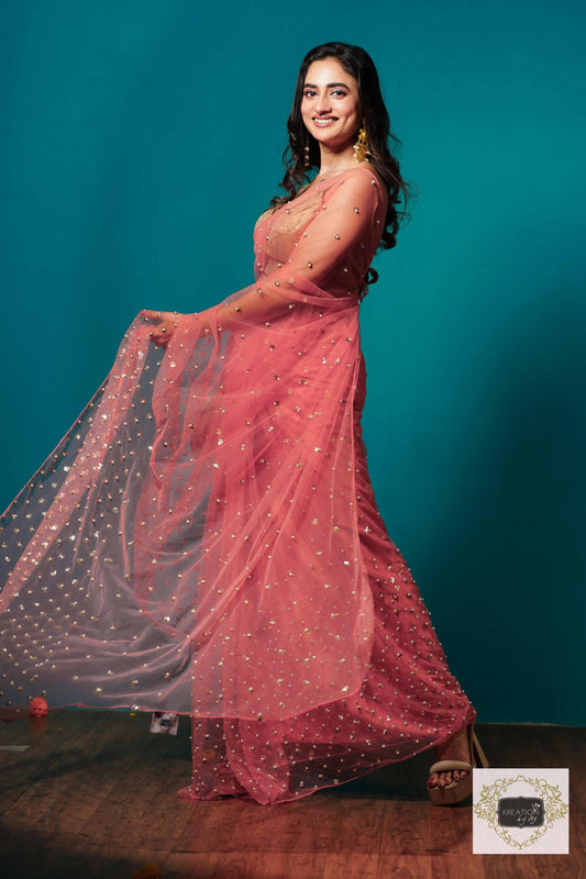 Coral jugnoo net Girlish Looking Partywear Saree kreationbykj