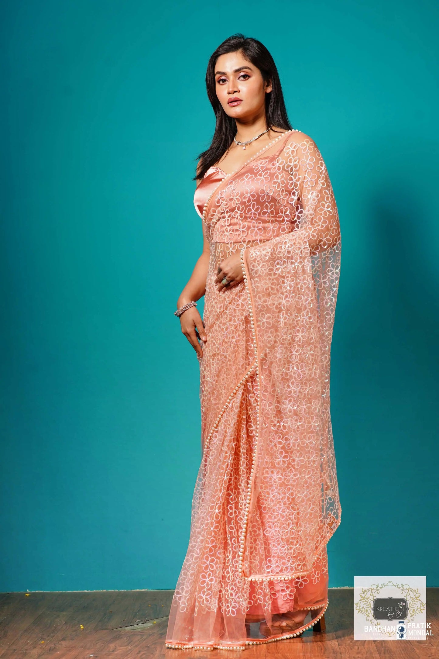 Baby's Breath Pink Net Girlish Looking Partywear Saree kreationbykj
