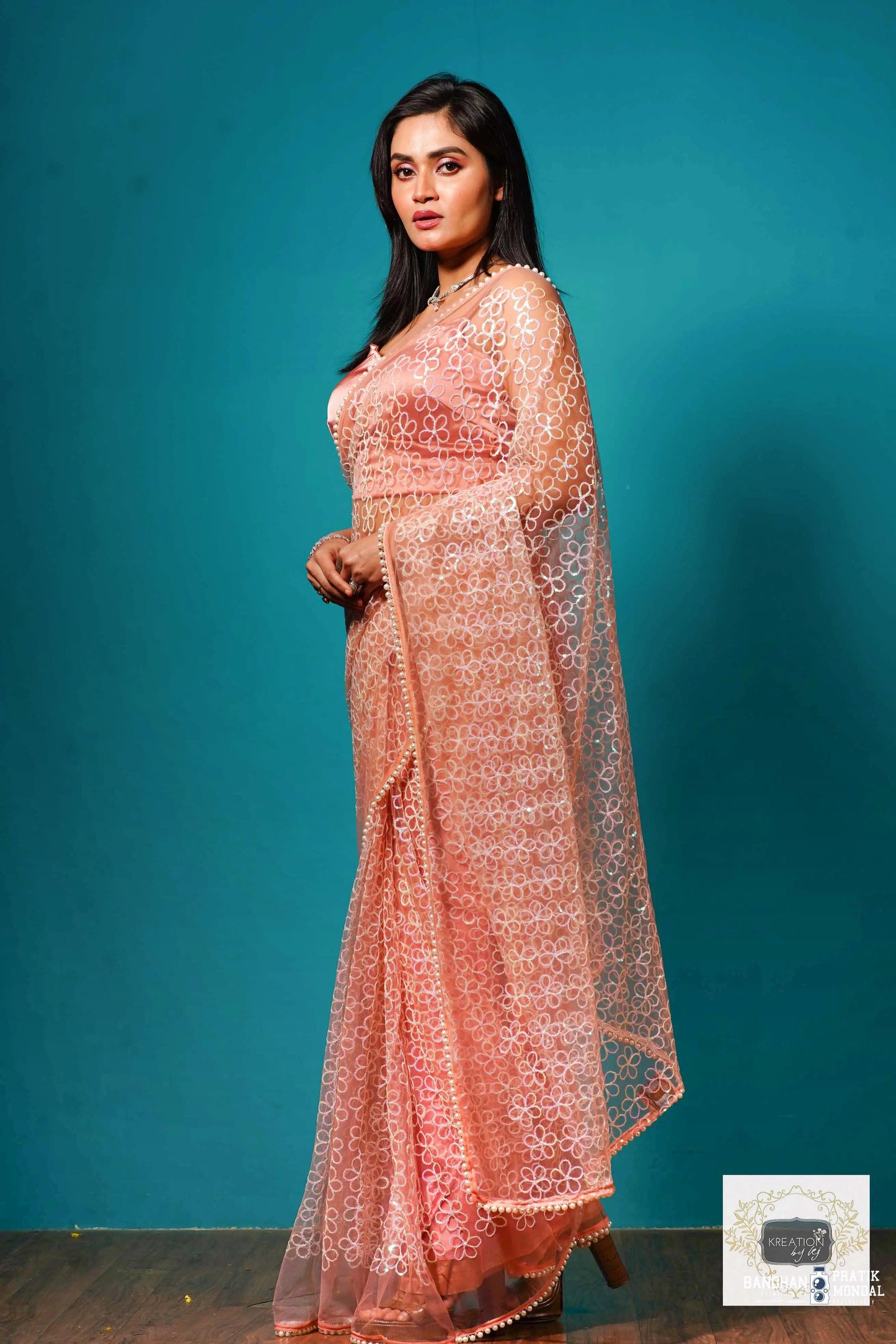 Baby's Breath Pink Net Girlish Looking Partywear Saree kreationbykj