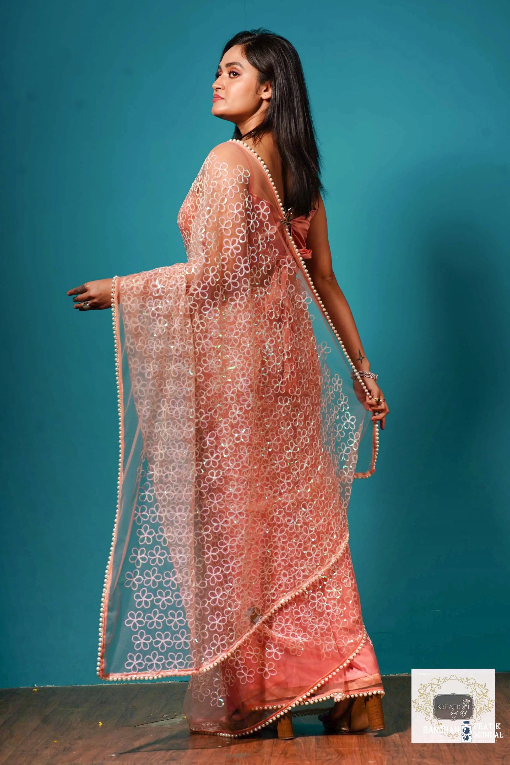 Baby's Breath Pink Net Girlish Looking Partywear Saree kreationbykj