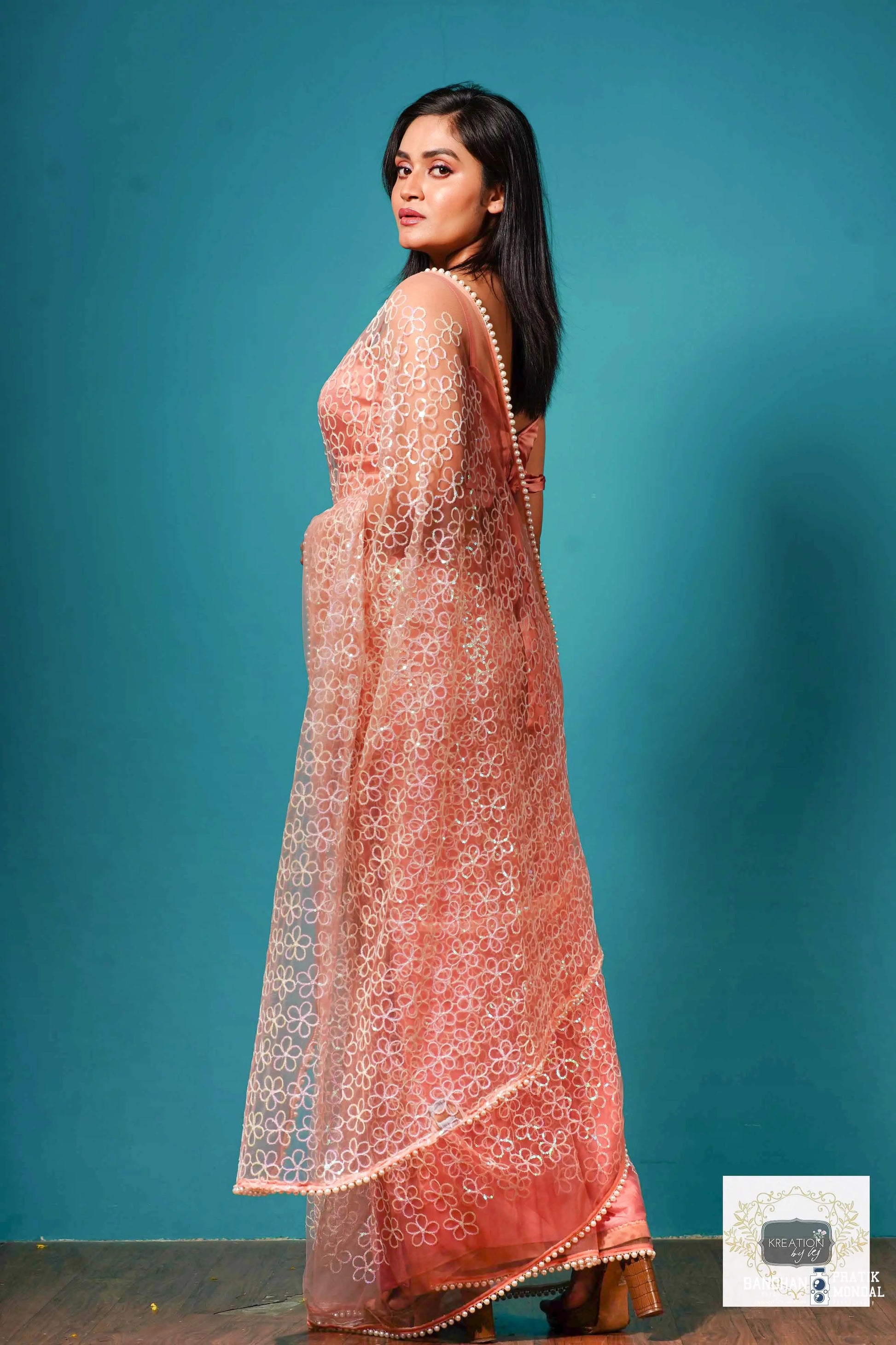 Baby's Breath Pink Net Girlish Looking Partywear Saree kreationbykj