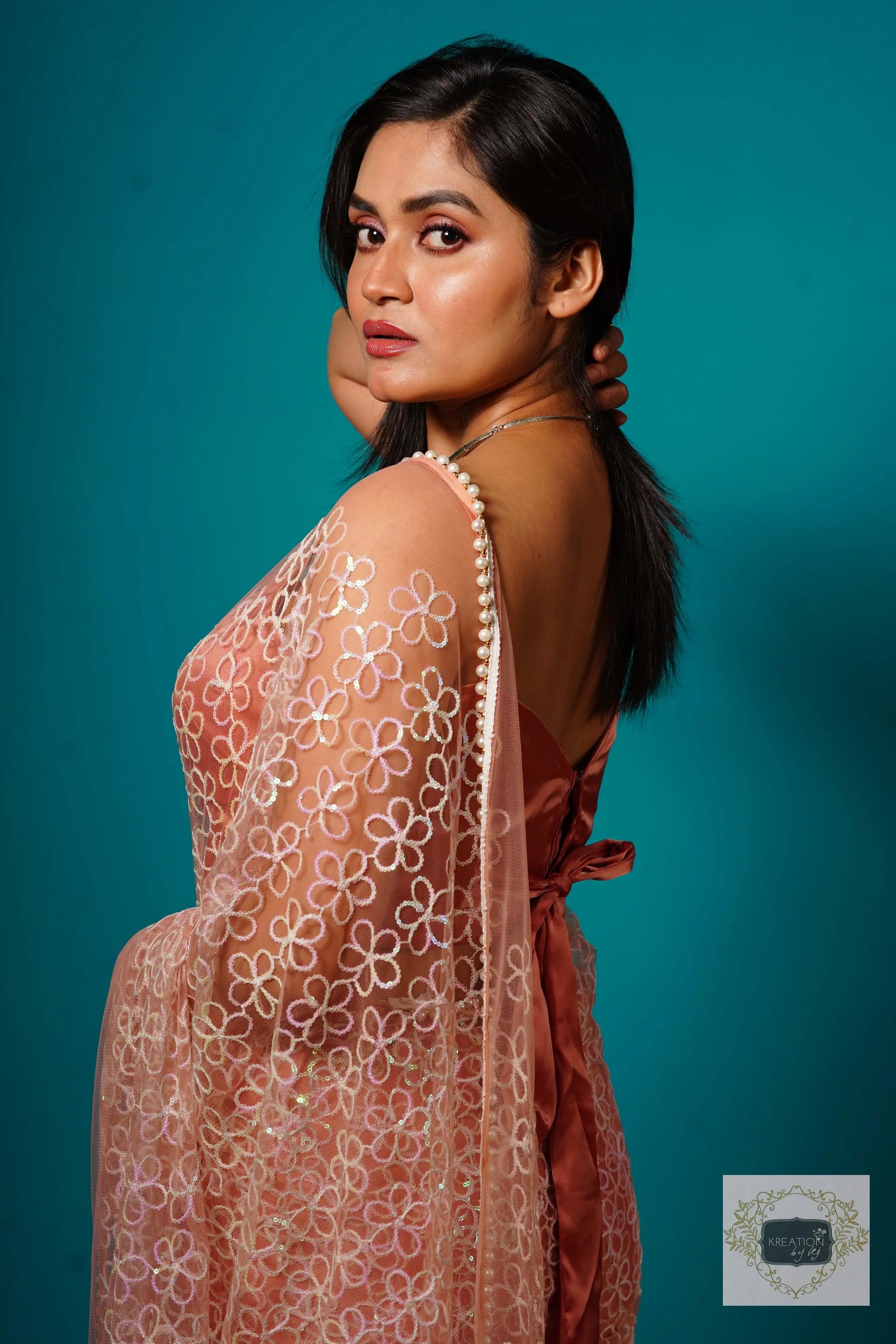 Baby's Breath Pink Net Girlish Looking Partywear Saree kreationbykj