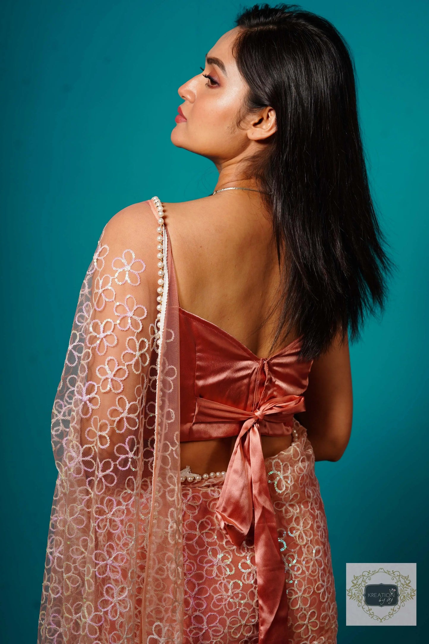 Baby's Breath Pink Net Girlish Looking Partywear Saree kreationbykj