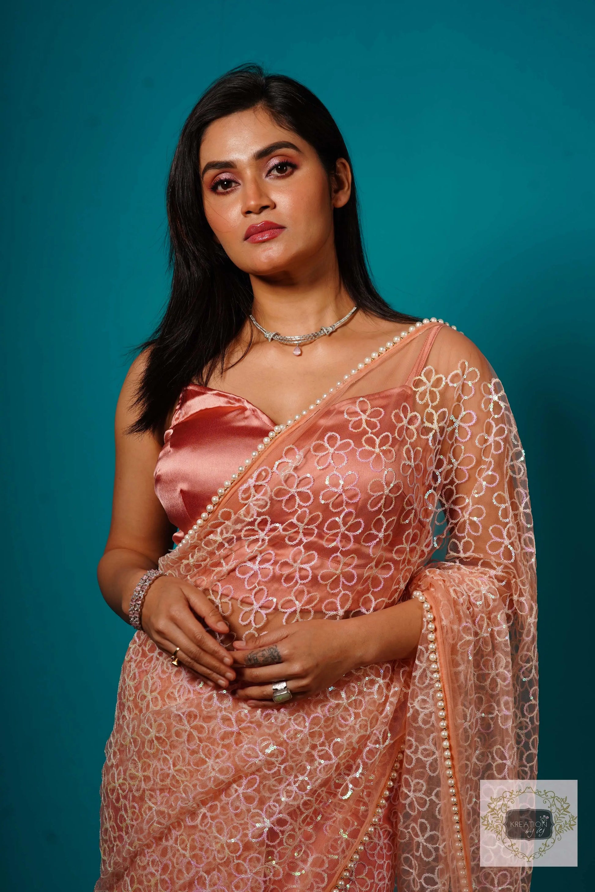 Baby's Breath Pink Net Girlish Looking Partywear Saree kreationbykj