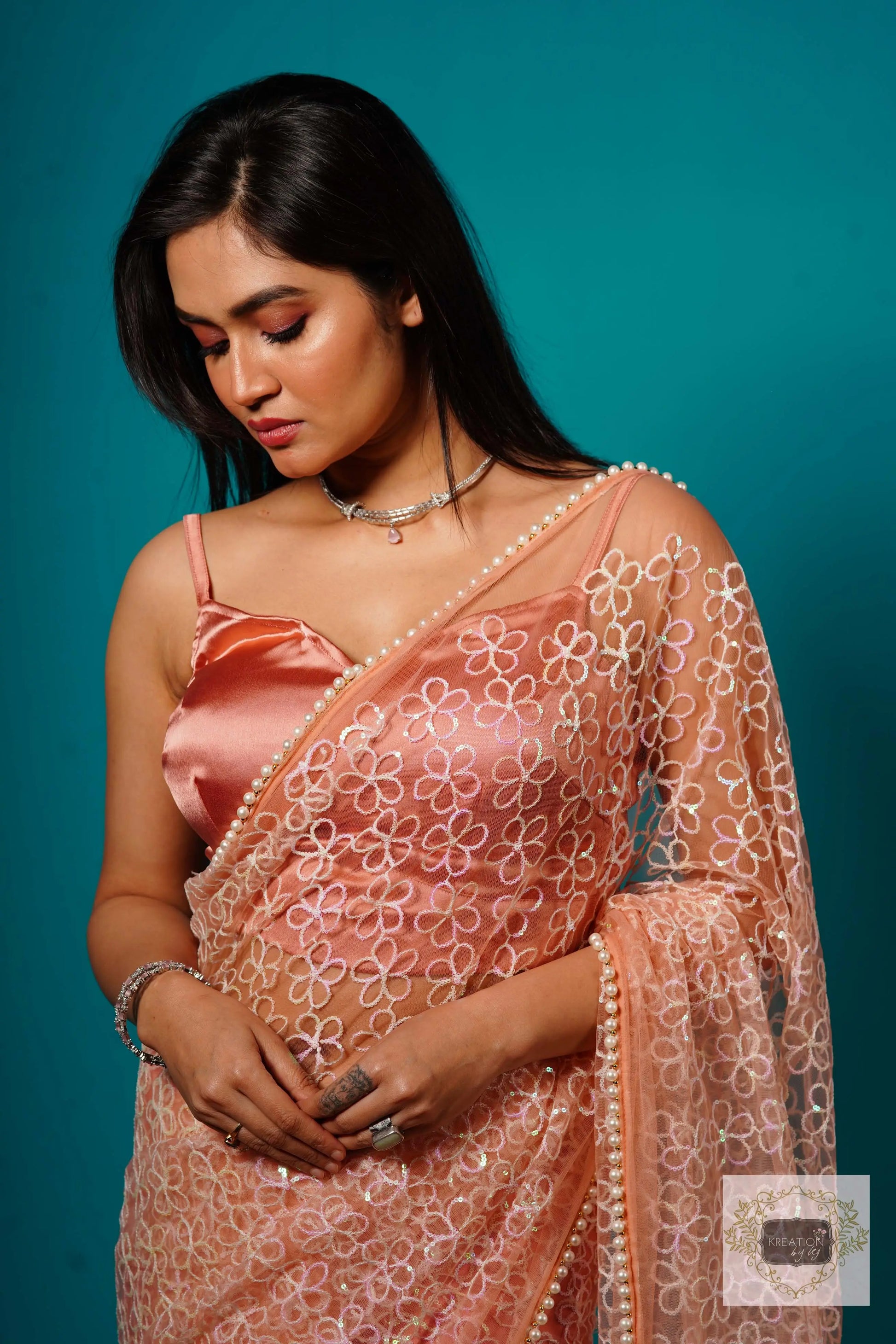 Baby's Breath Pink Net Girlish Looking Partywear Saree kreationbykj