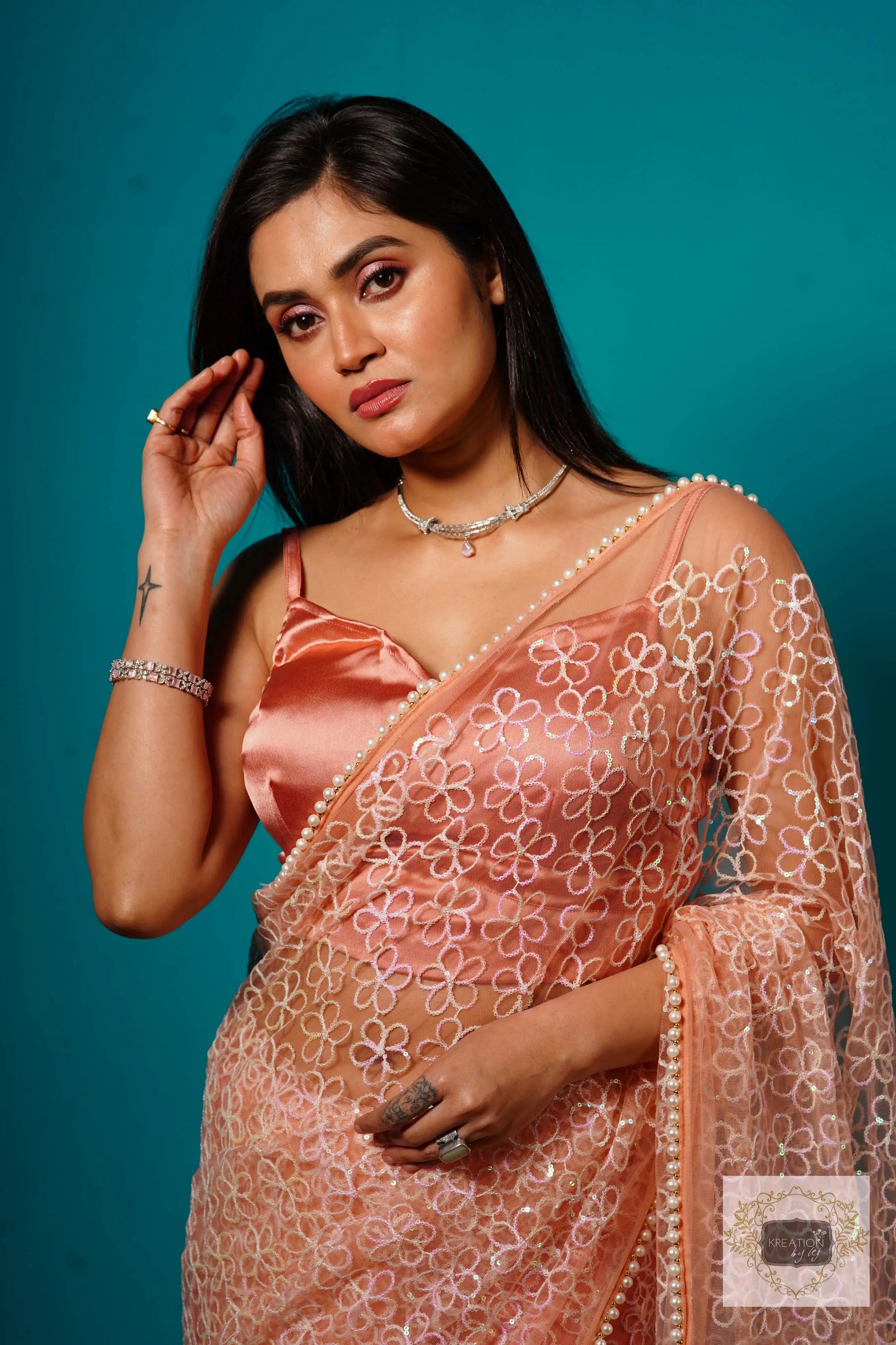 Baby's Breath Pink Net Girlish Looking Partywear Saree kreationbykj