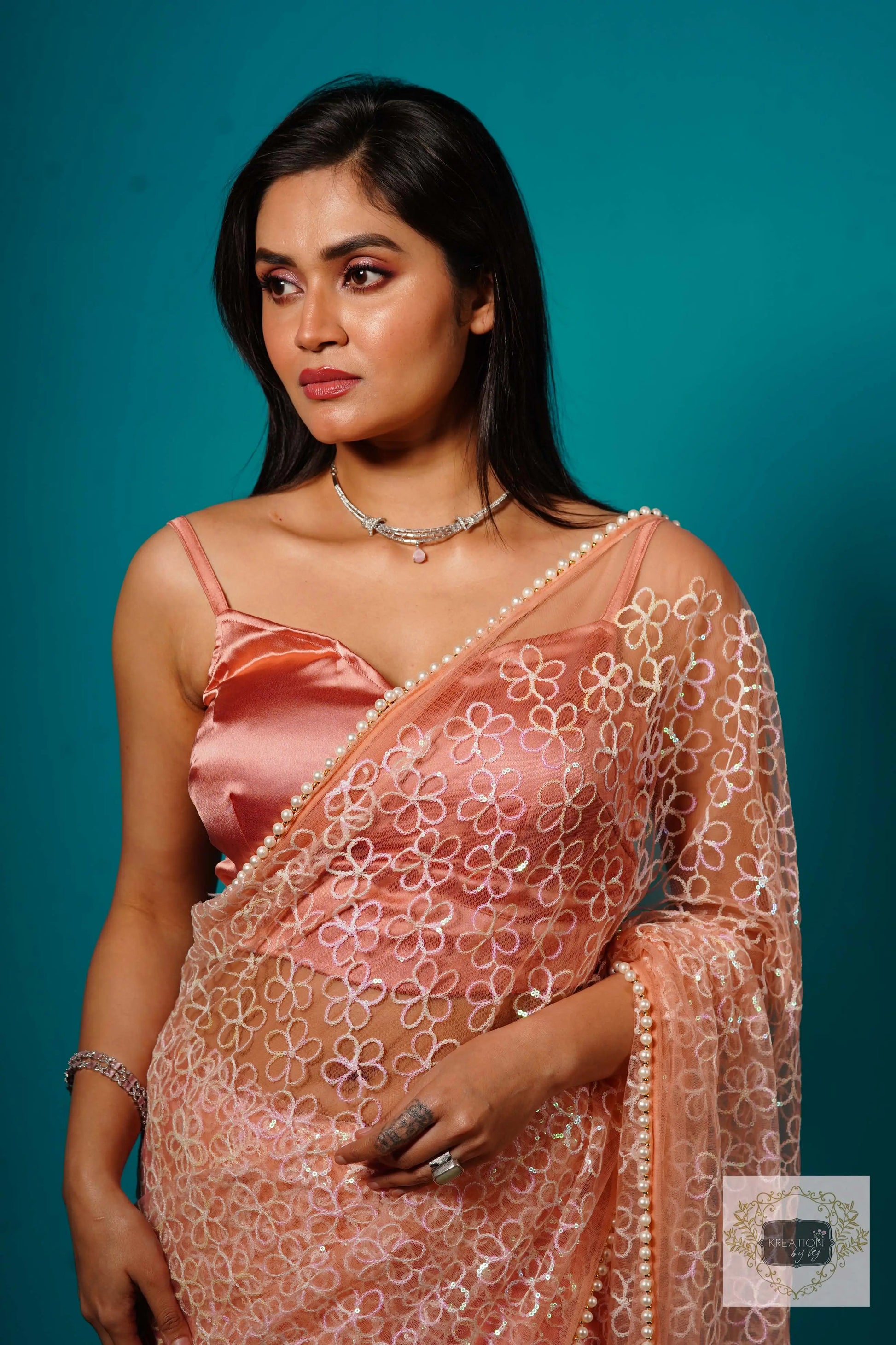 Baby's Breath Pink Net Girlish Looking Partywear Saree kreationbykj