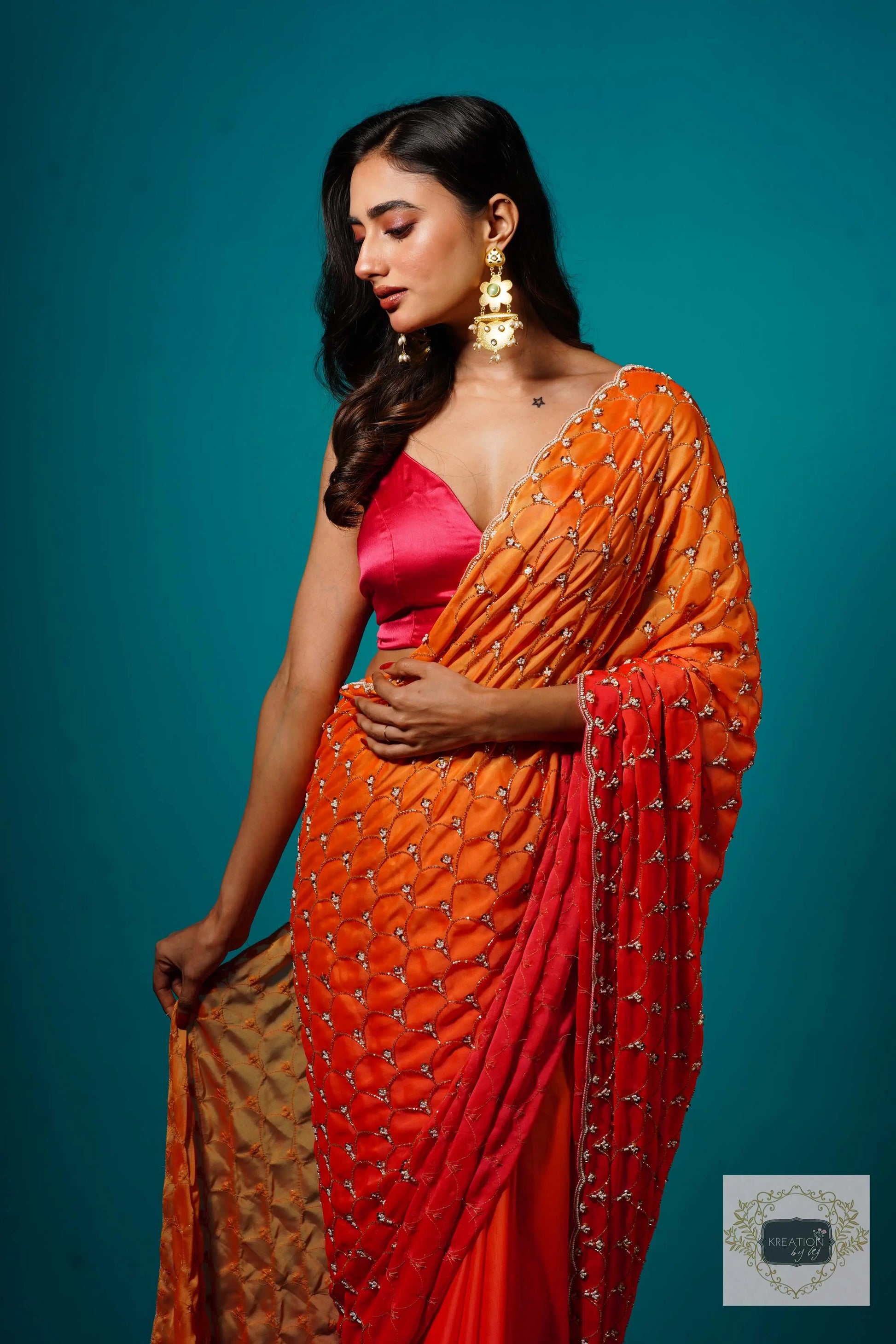 Gulab Khas Ombre Mehraab Jaal Cutdana Saree kreationbykj