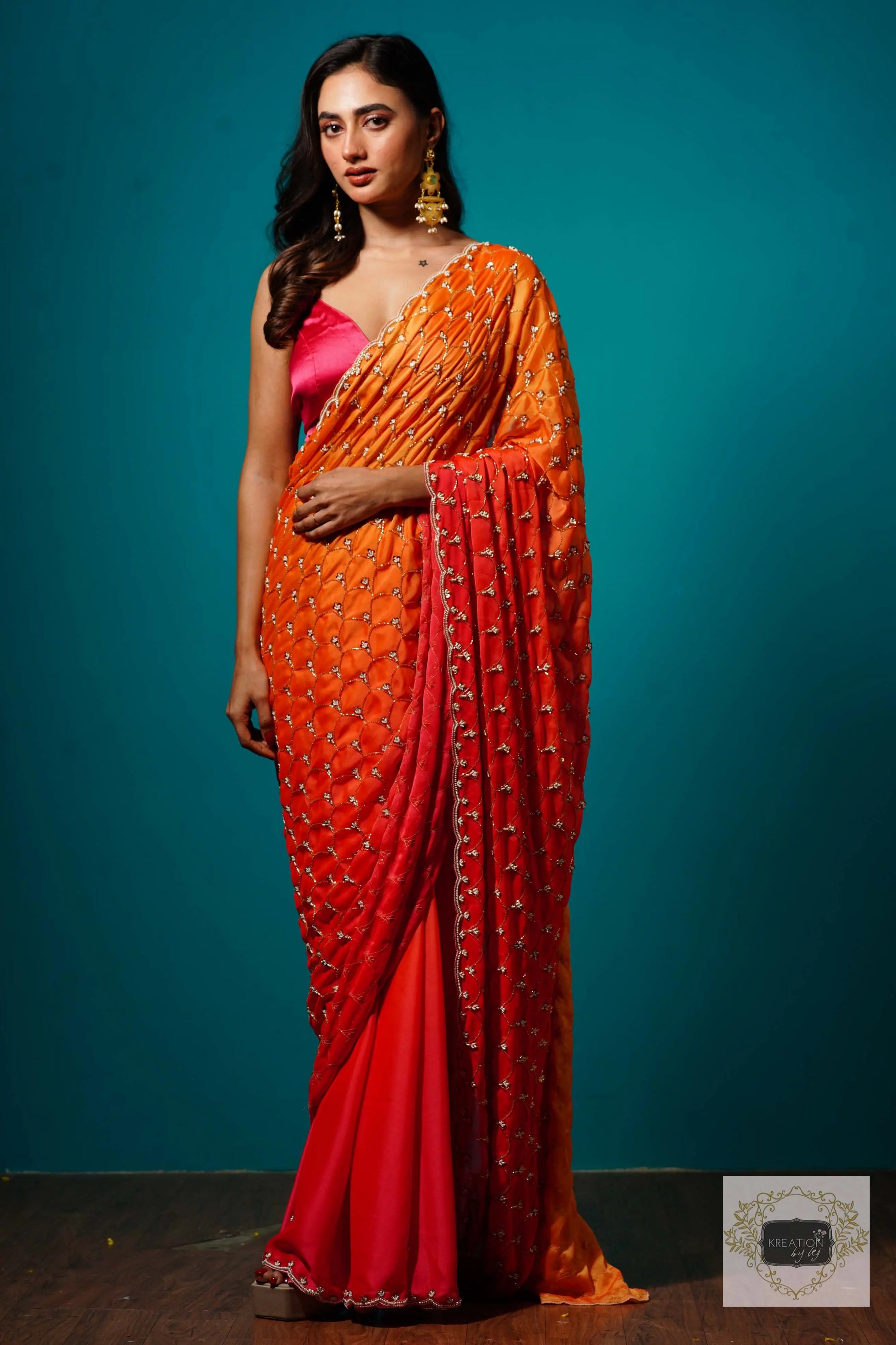 Gulab Khas Ombre Mehraab Jaal Cutdana Saree kreationbykj