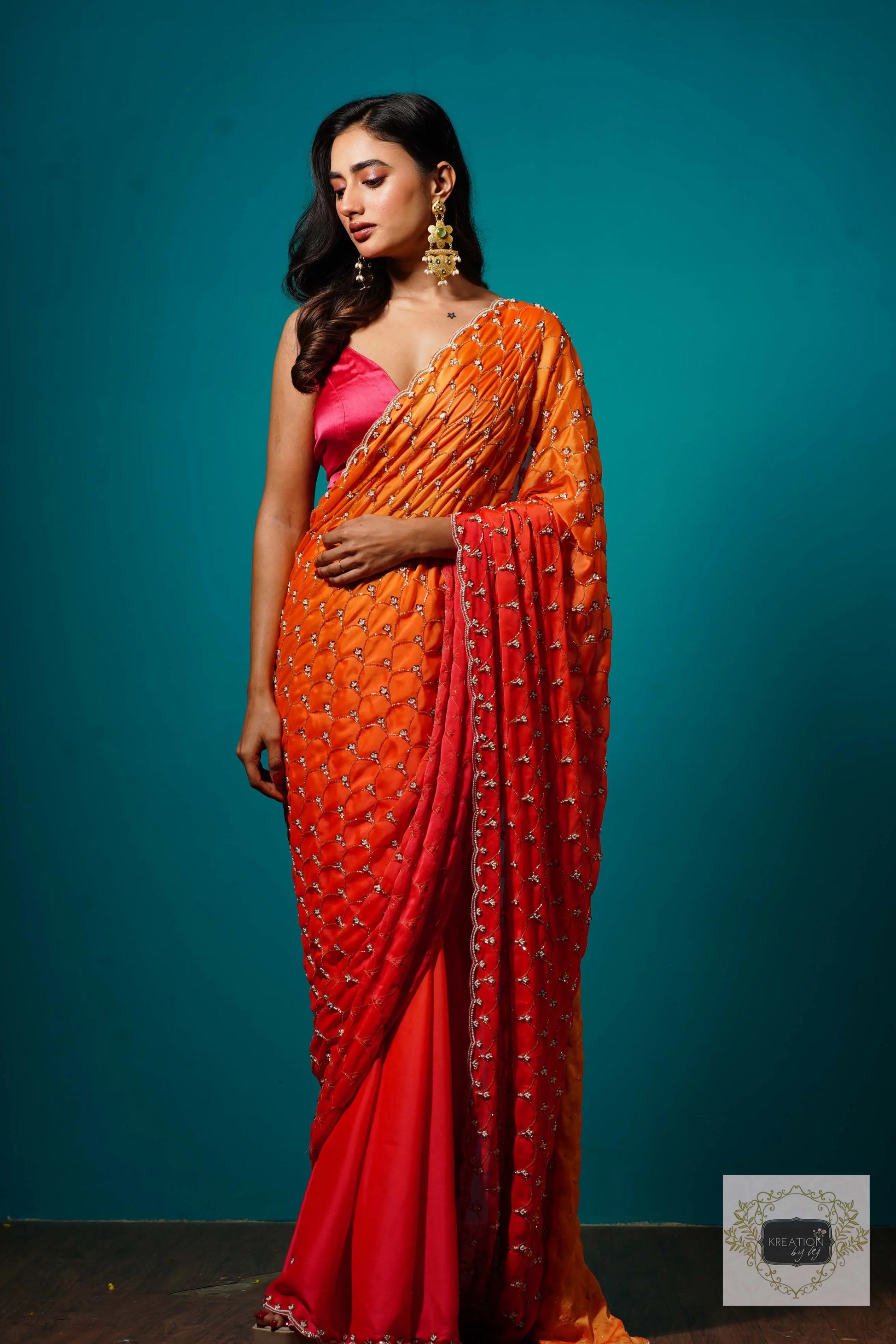 Gulab Khas Ombre Mehraab Jaal Cutdana Saree kreationbykj