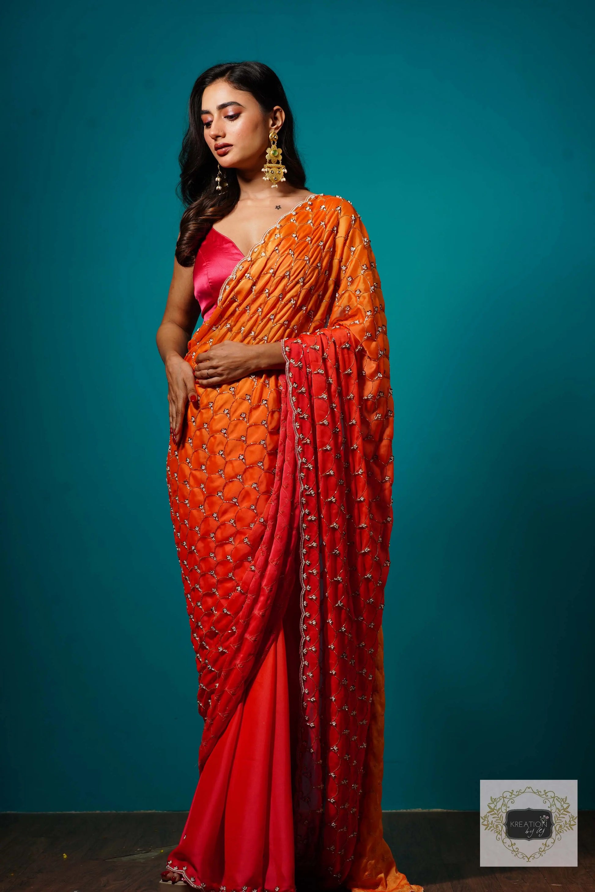 Gulab Khas Ombre Mehraab Jaal Cutdana Saree kreationbykj