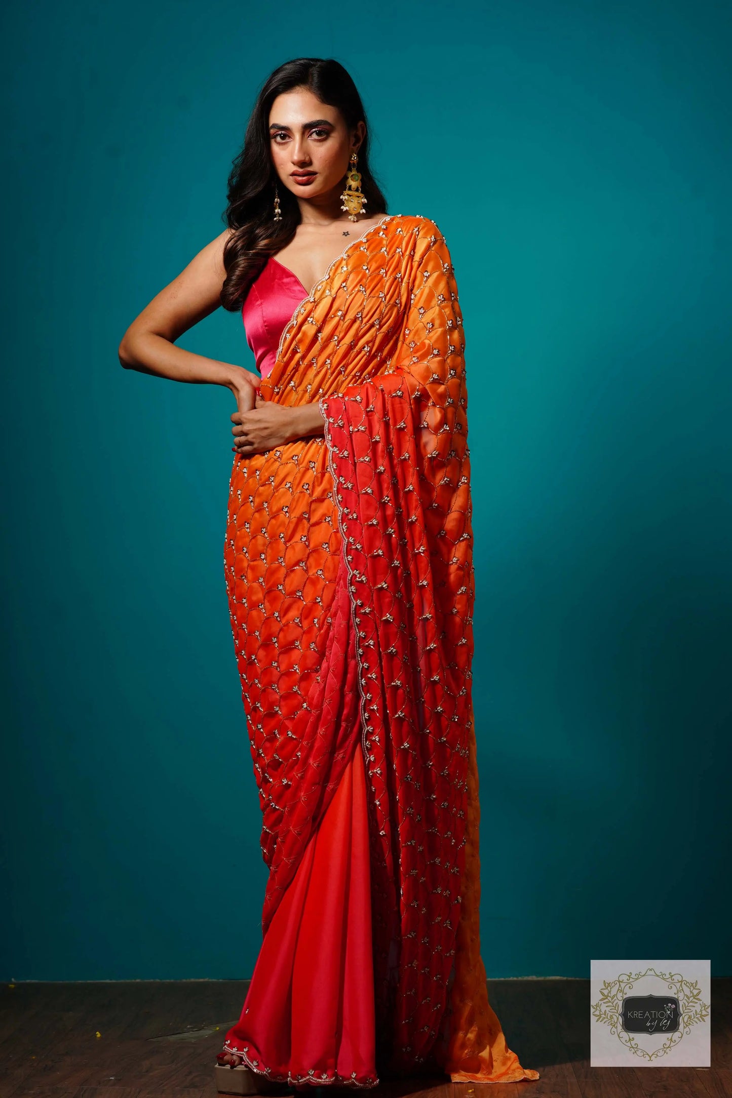 Gulab Khas Ombre Mehraab Jaal Cutdana Saree kreationbykj