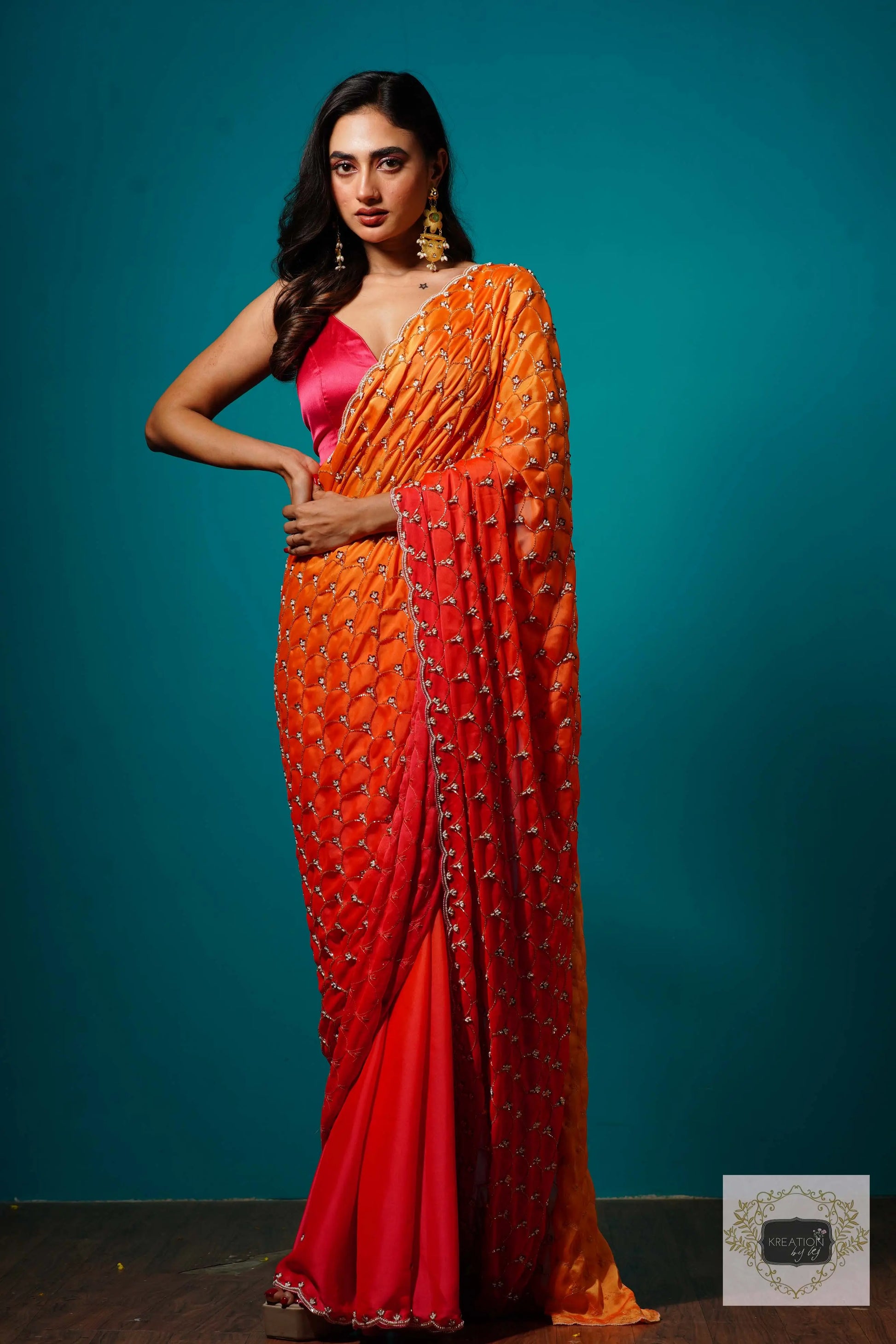 Gulab Khas Ombre Mehraab Jaal Cutdana Saree kreationbykj