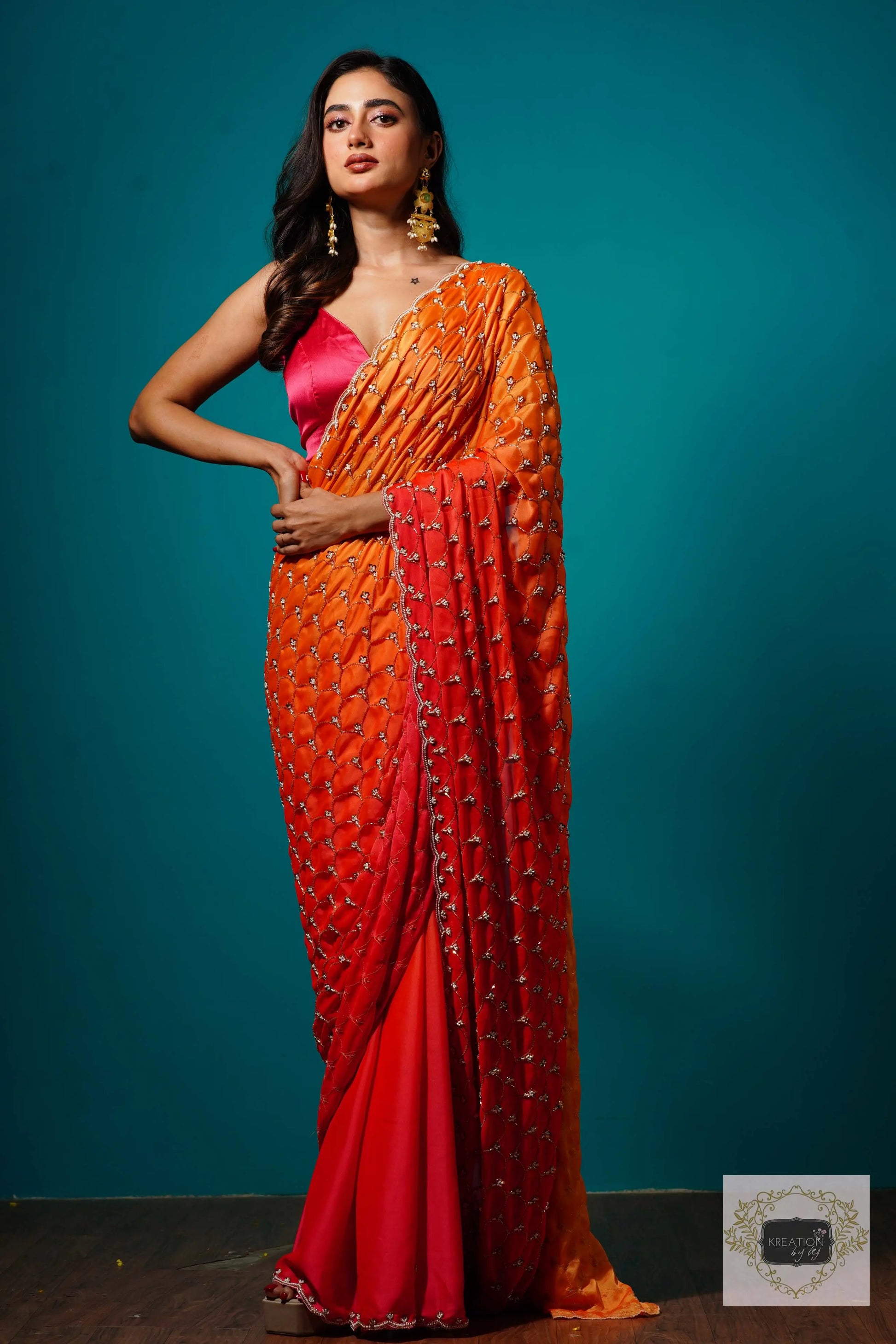 Gulab Khas Ombre Mehraab Jaal Cutdana Saree kreationbykj