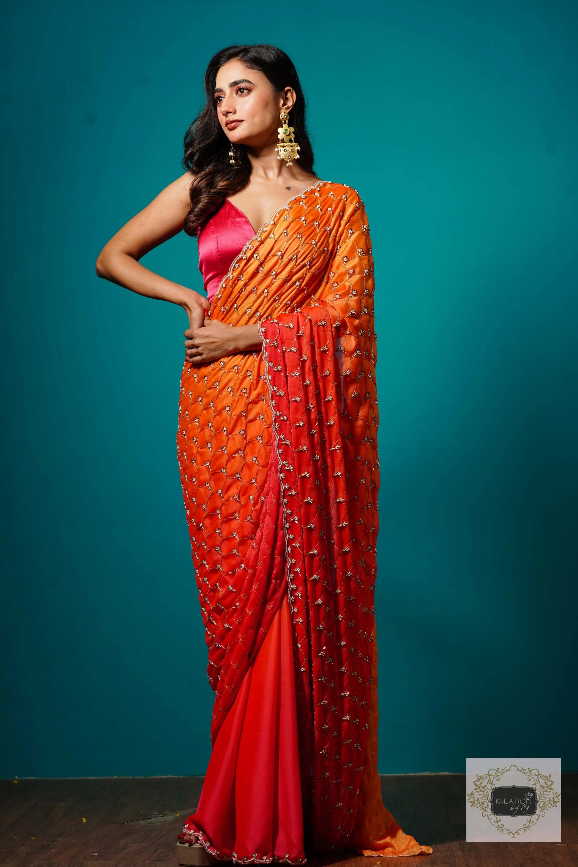 Gulab Khas Ombre Mehraab Jaal Cutdana Saree kreationbykj