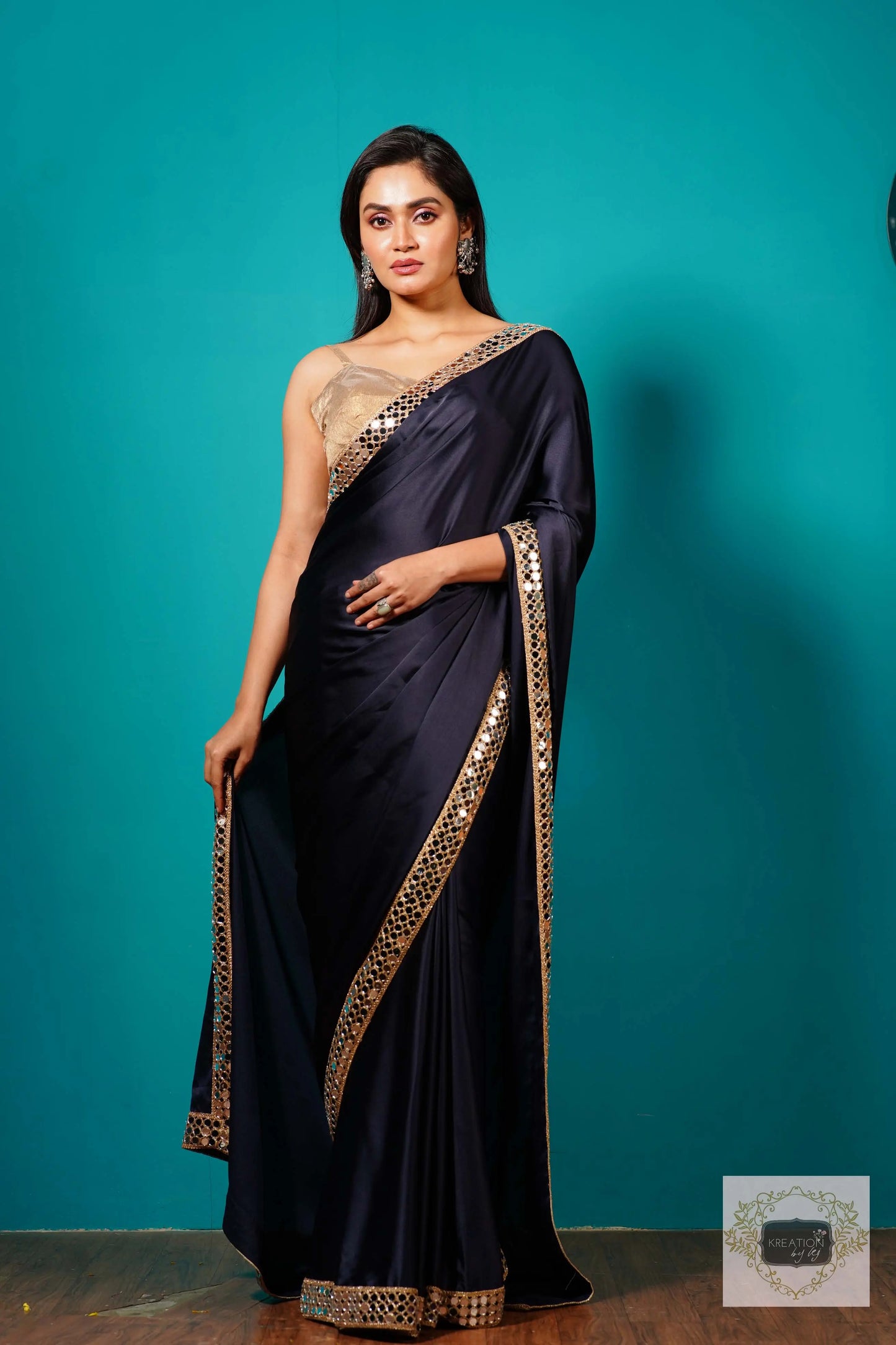 Deep Blue Satin Silk Saree with Cut Mirror Border kreationbykj