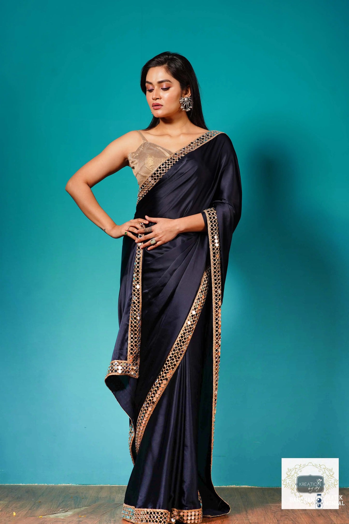 Deep Blue Satin Silk Saree with Cut Mirror Border kreationbykj