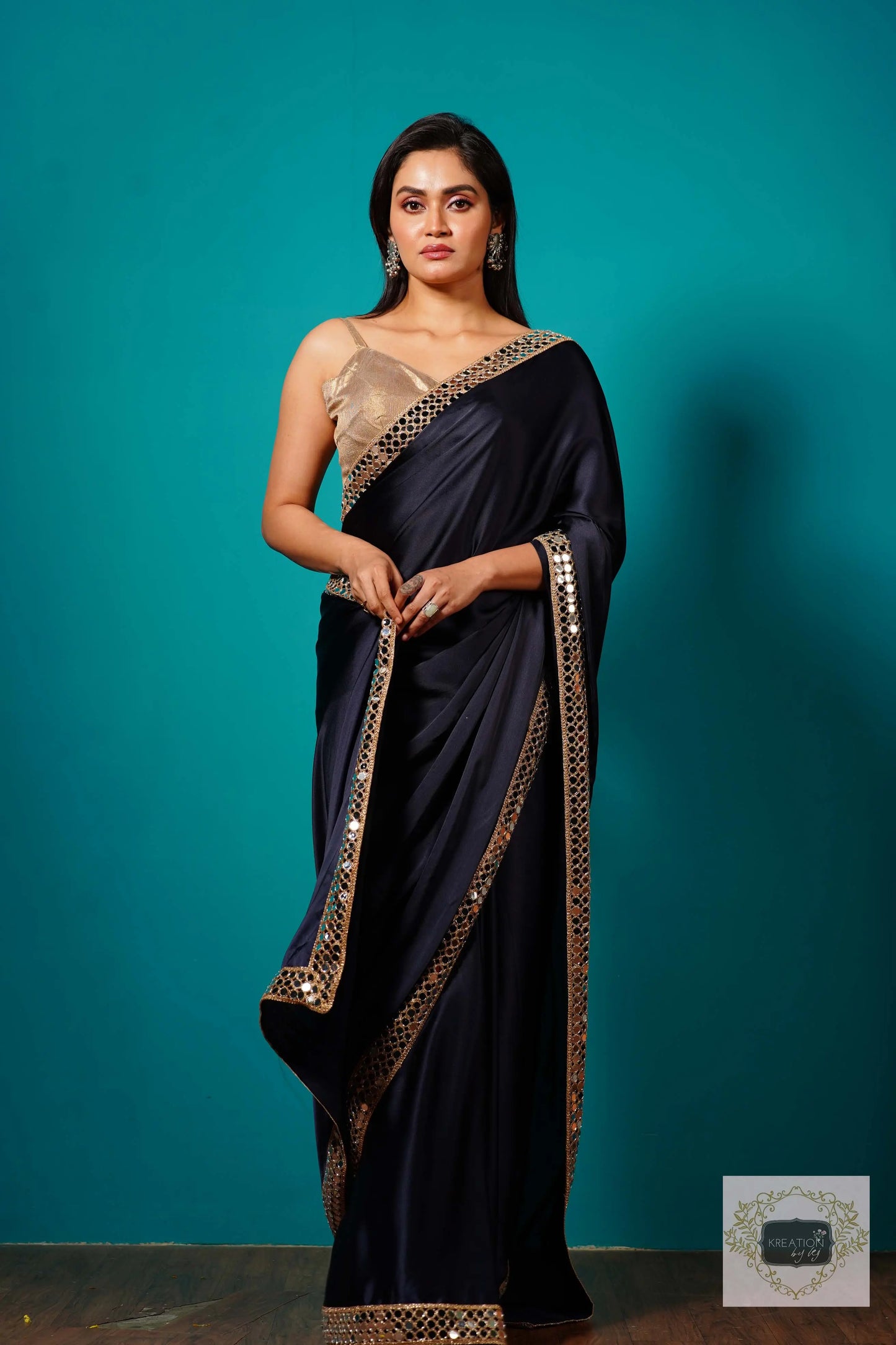 Deep Blue Satin Silk Saree with Cut Mirror Border kreationbykj