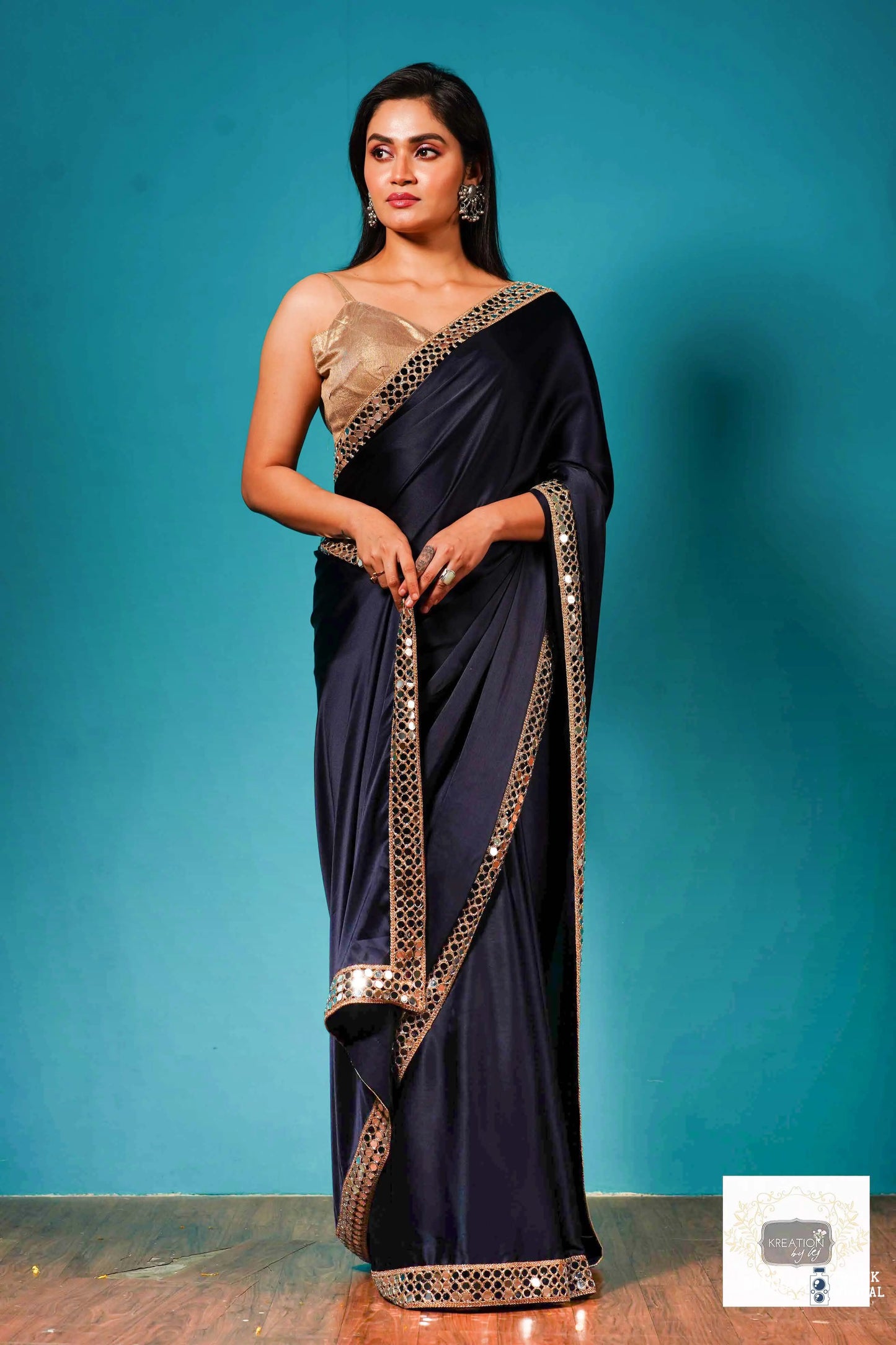Deep Blue Satin Silk Saree with Cut Mirror Border kreationbykj