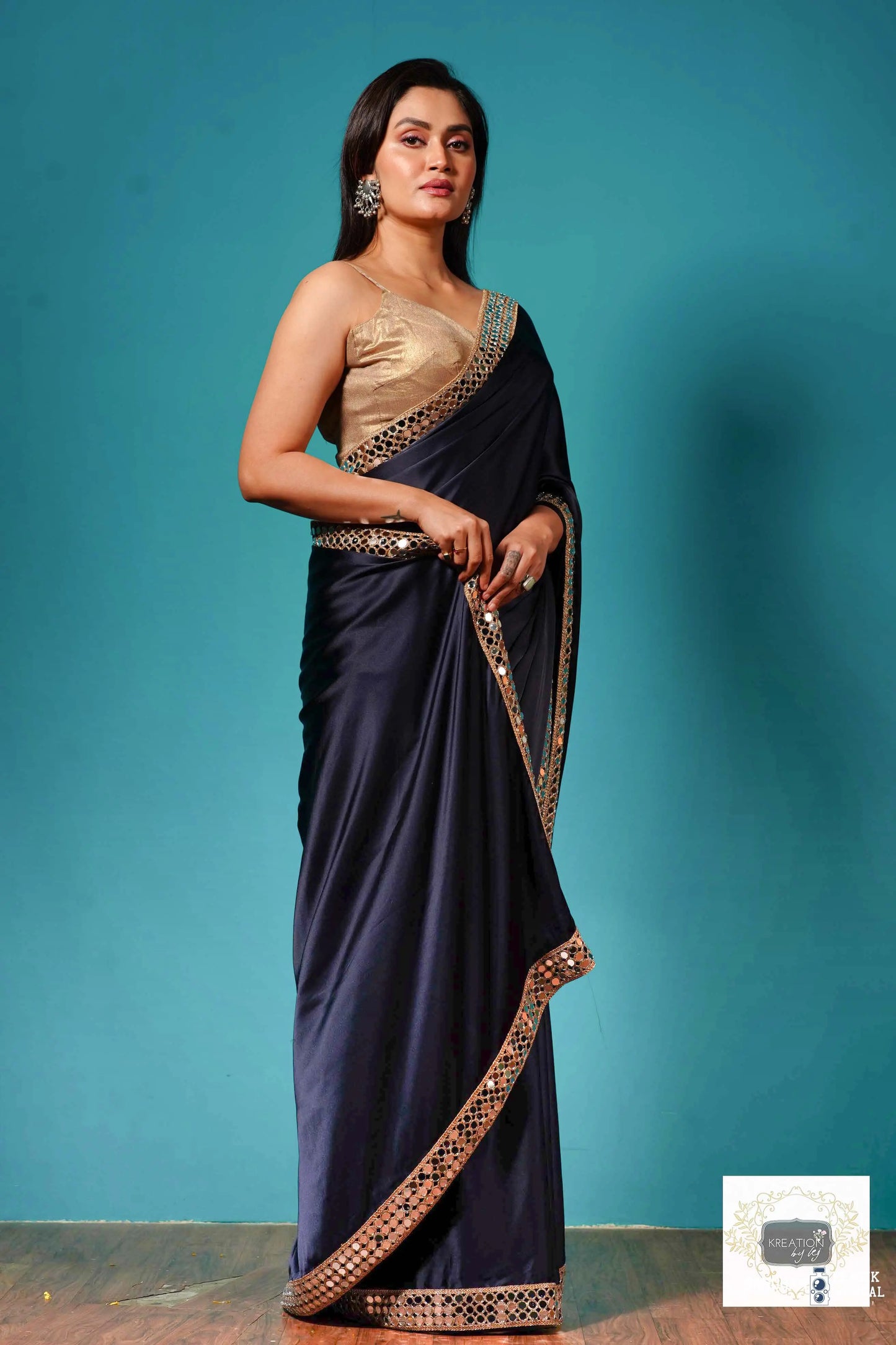 Deep Blue Satin Silk Saree with Cut Mirror Border kreationbykj