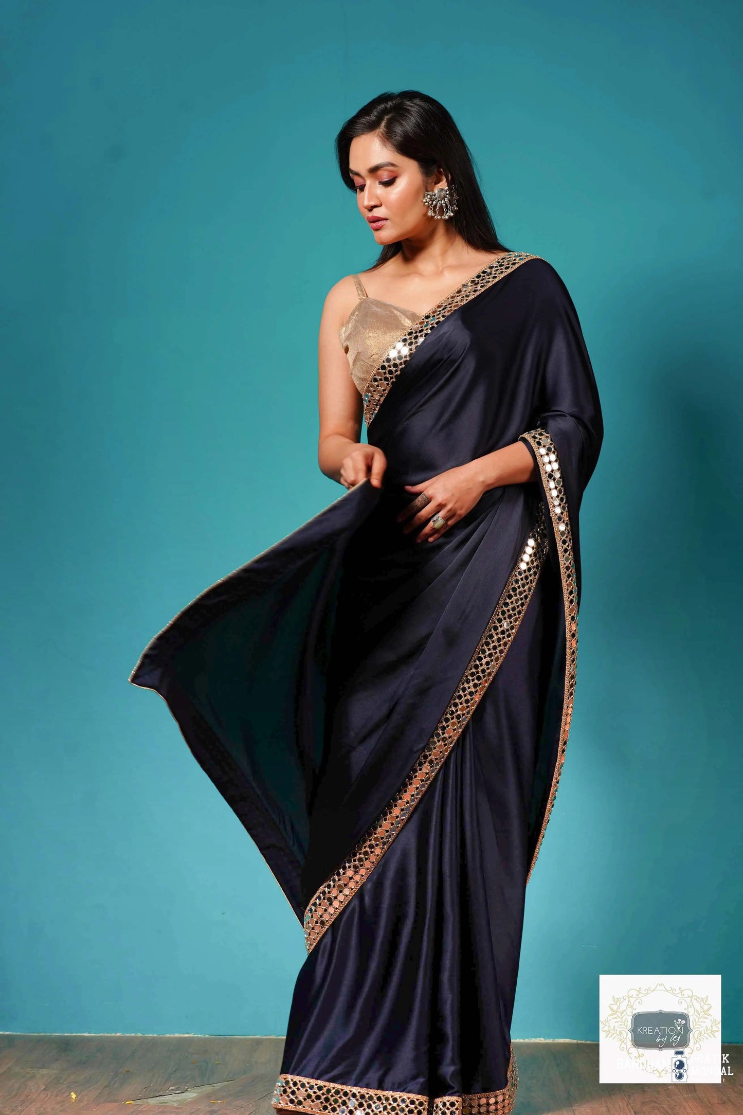 Deep Blue Satin Silk Saree with Cut Mirror Border kreationbykj