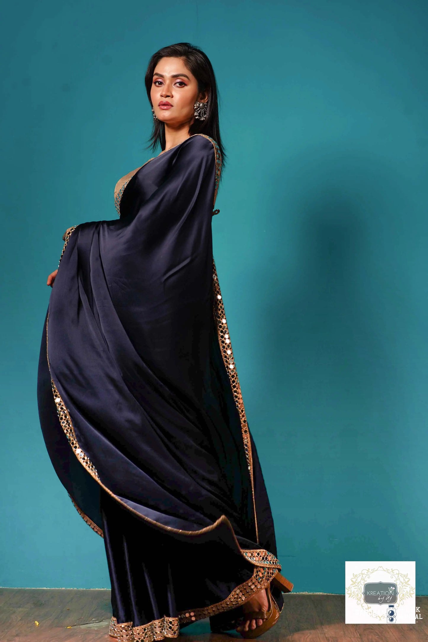 Deep Blue Satin Silk Saree with Cut Mirror Border kreationbykj