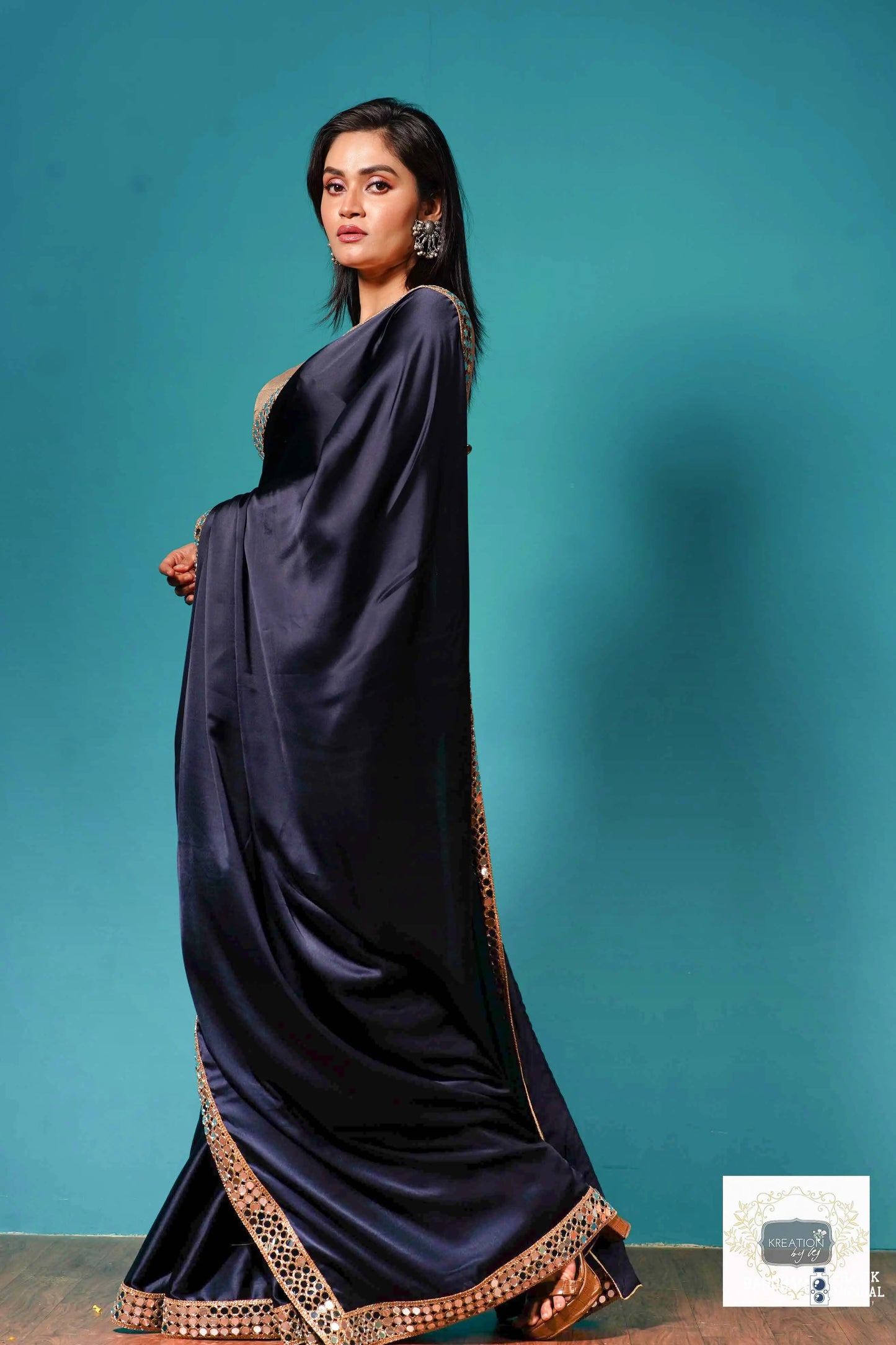 Deep Blue Satin Silk Saree with Cut Mirror Border kreationbykj