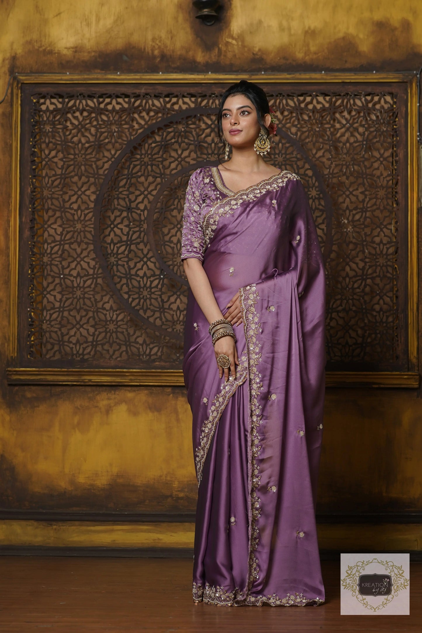 Lavender Hand embroidered Saree kreationbykj