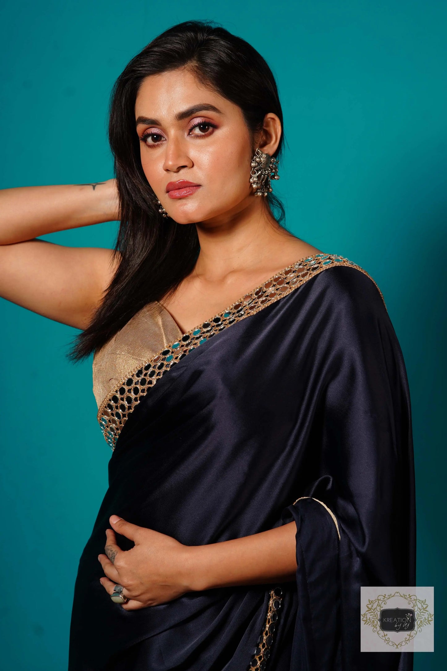 Deep Blue Satin Silk Saree with Cut Mirror Border kreationbykj