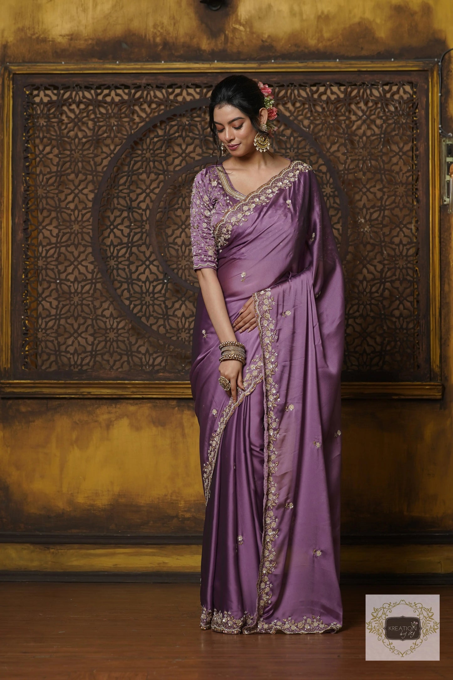 Lavender Hand embroidered Saree kreationbykj