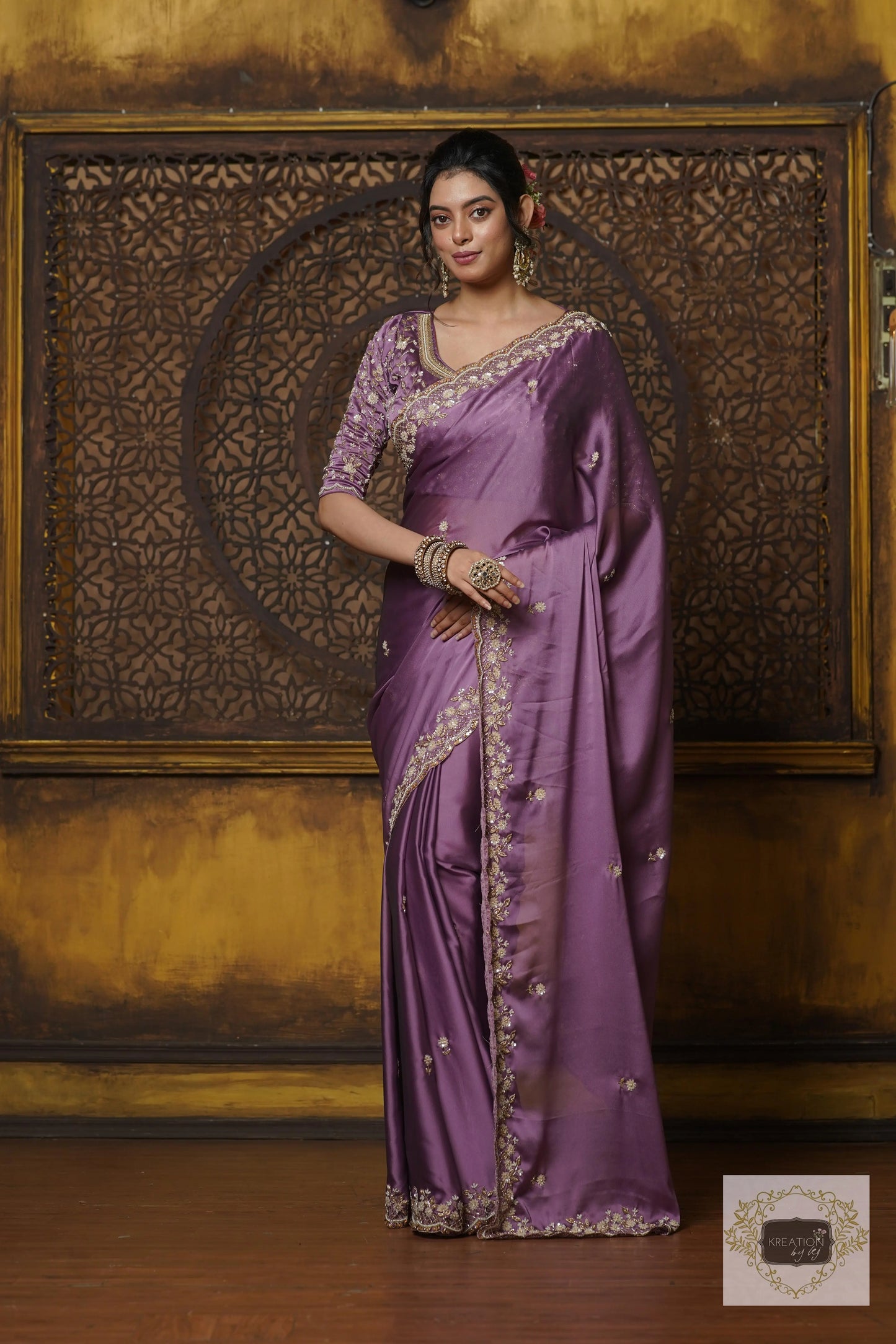 Lavender Hand embroidered Saree kreationbykj